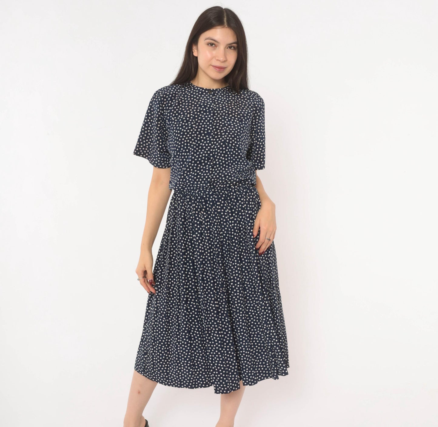 90s Navy Polka Dot Midi Dress Liz Petites Button Front Crew Neck Medium M