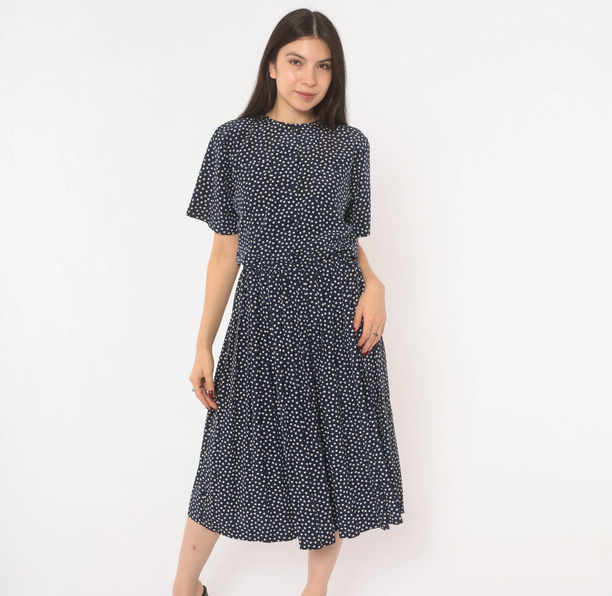 90s Navy Polka Dot Midi Dress Liz Petites Button Front Crew Neck Medium M