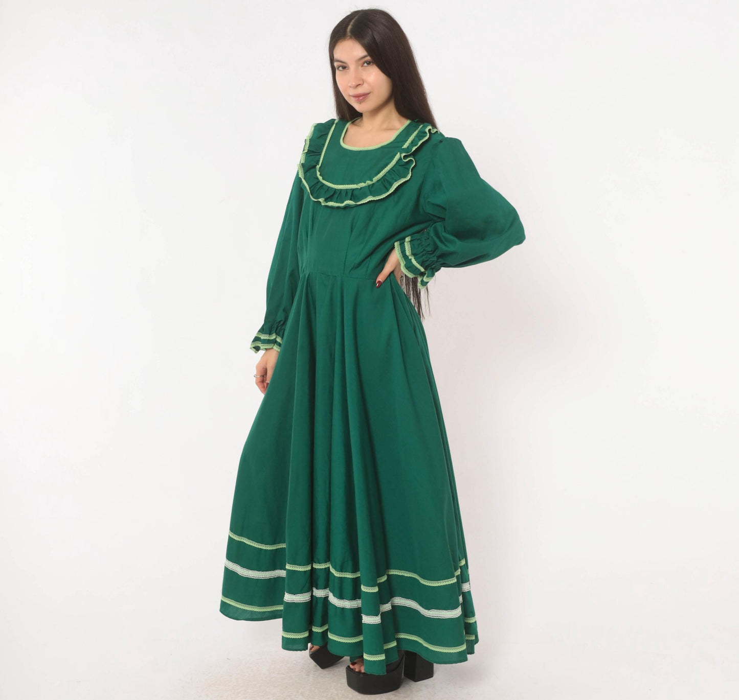 70s Forest Green Prairie Maxi Dress Lace Ruffle Puff Sleeve Large L