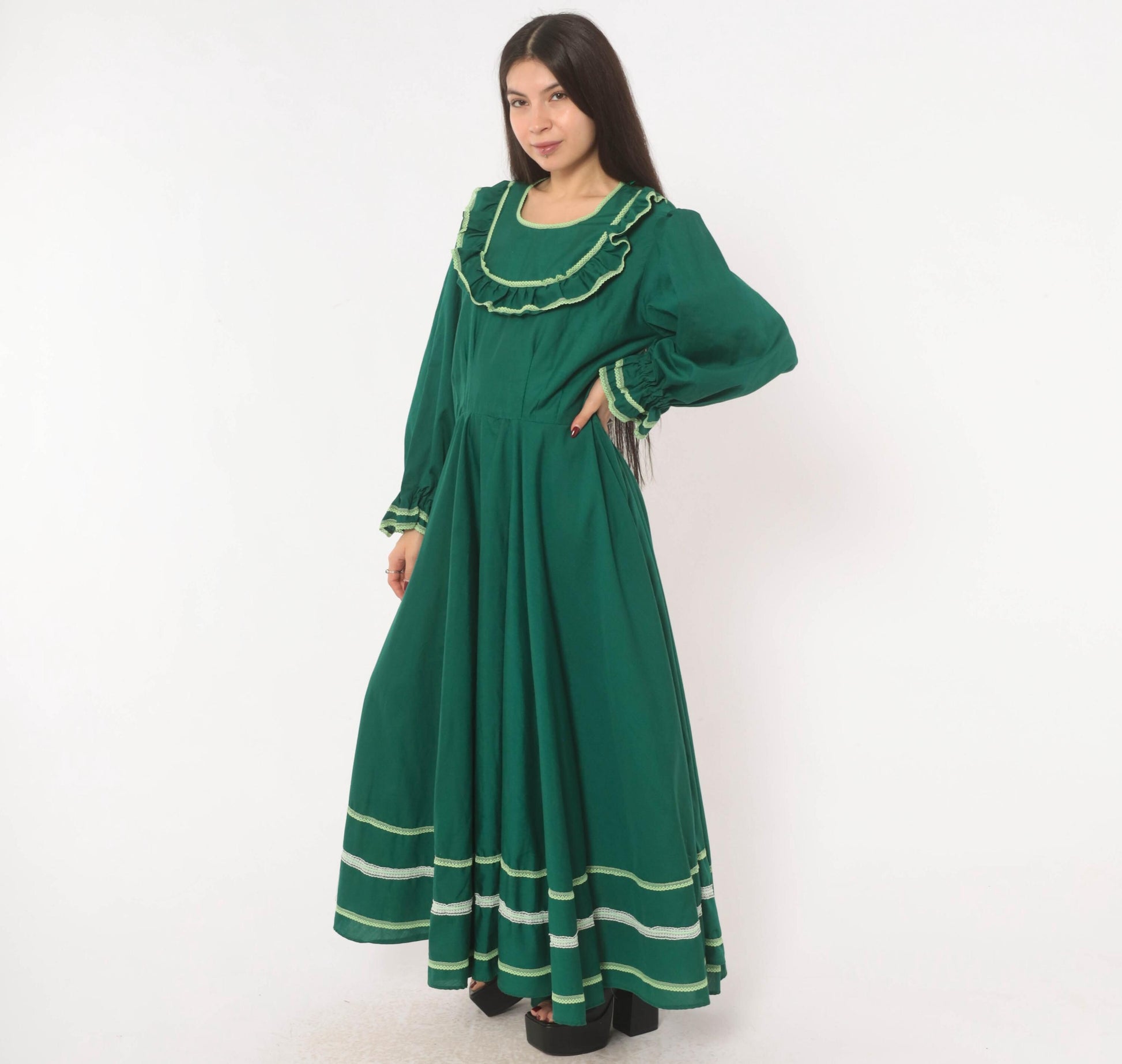 70s Forest Green Prairie Maxi Dress Lace Ruffle Puff Sleeve Large L