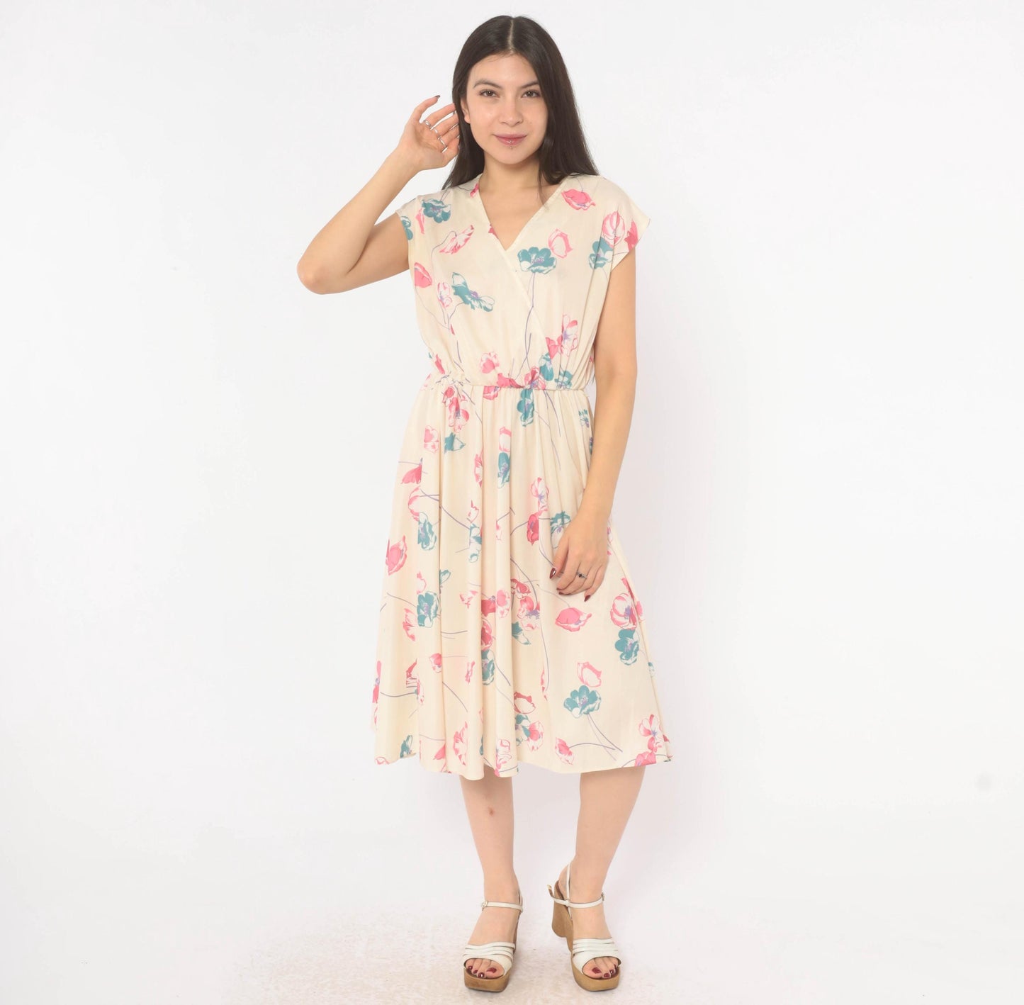 80s Floral Wrap Dress Cream Pink Teal Cap Sleeve Knee Length Medium