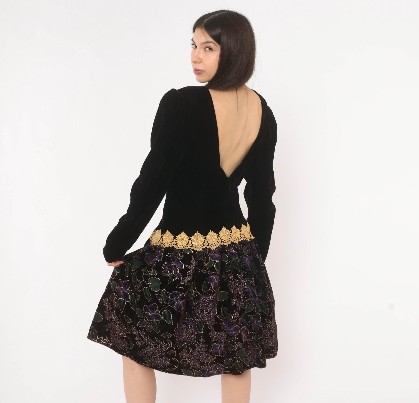 90s Scott Mcclintock Black Velvet Drop Waist Dress Purple Floral Open Back Large