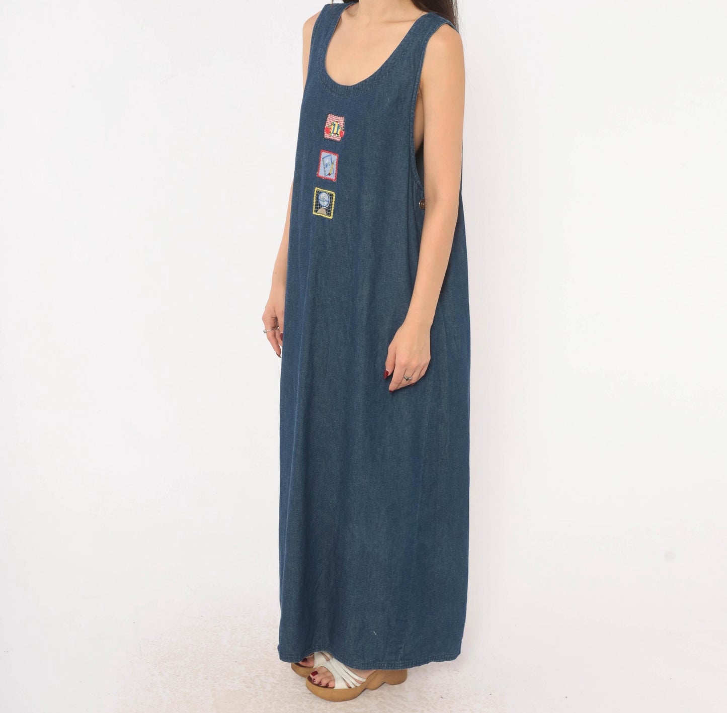 90s White Stag Navy Denim Maxi Jumper Dress School Patches Large L