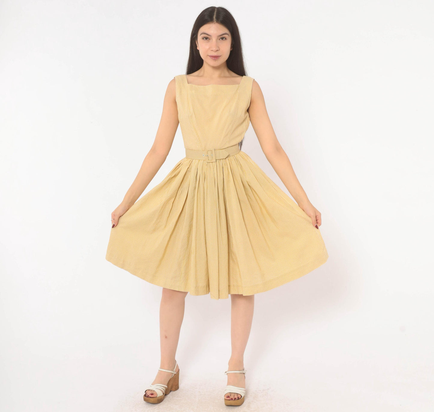 1950s P.S. Andrews Co Gingham Sundress Yellow White Cotton Fit Flare Extra Small XS