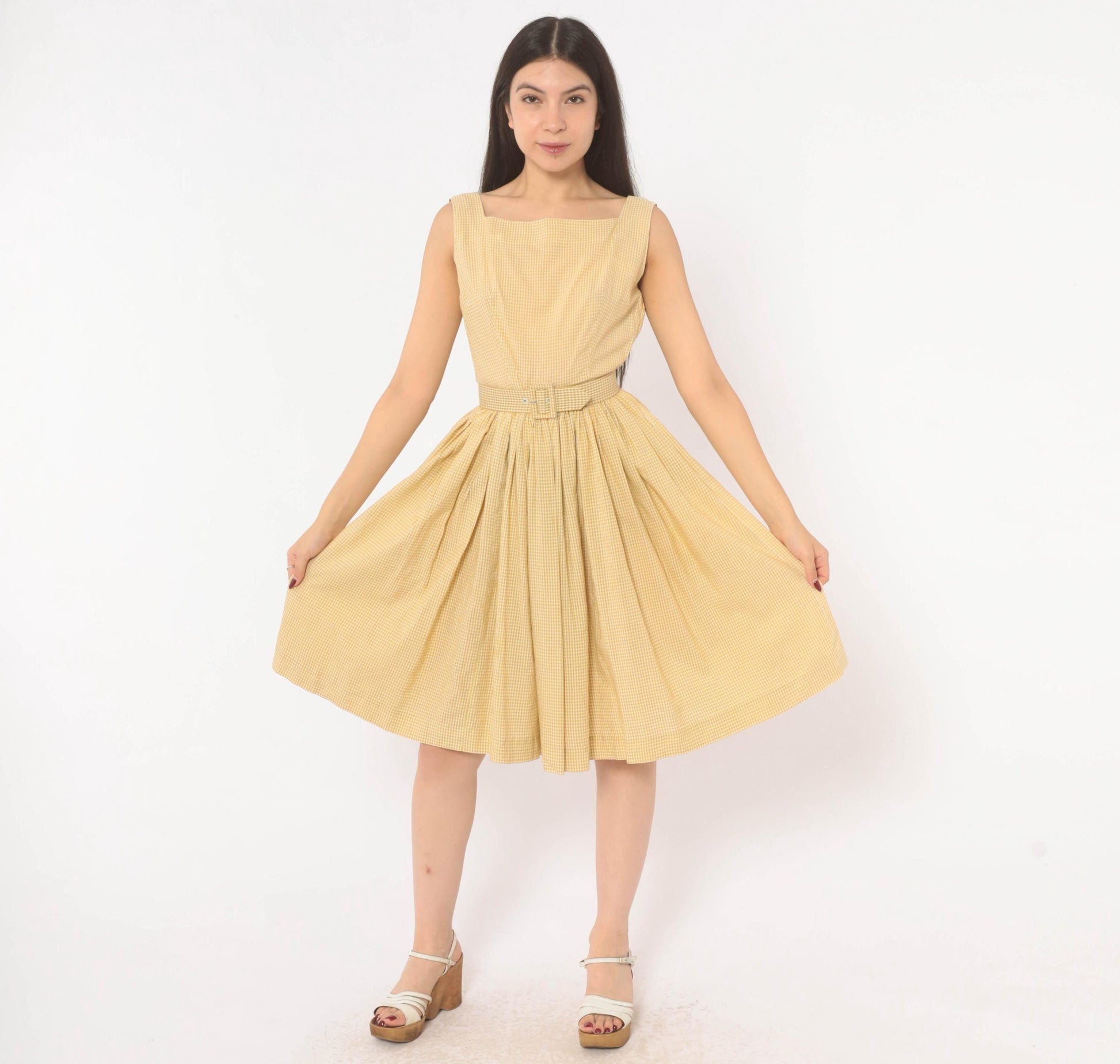 1950s P.S. Andrews Co Gingham Sundress Yellow White Cotton Fit Flare Extra Small XS