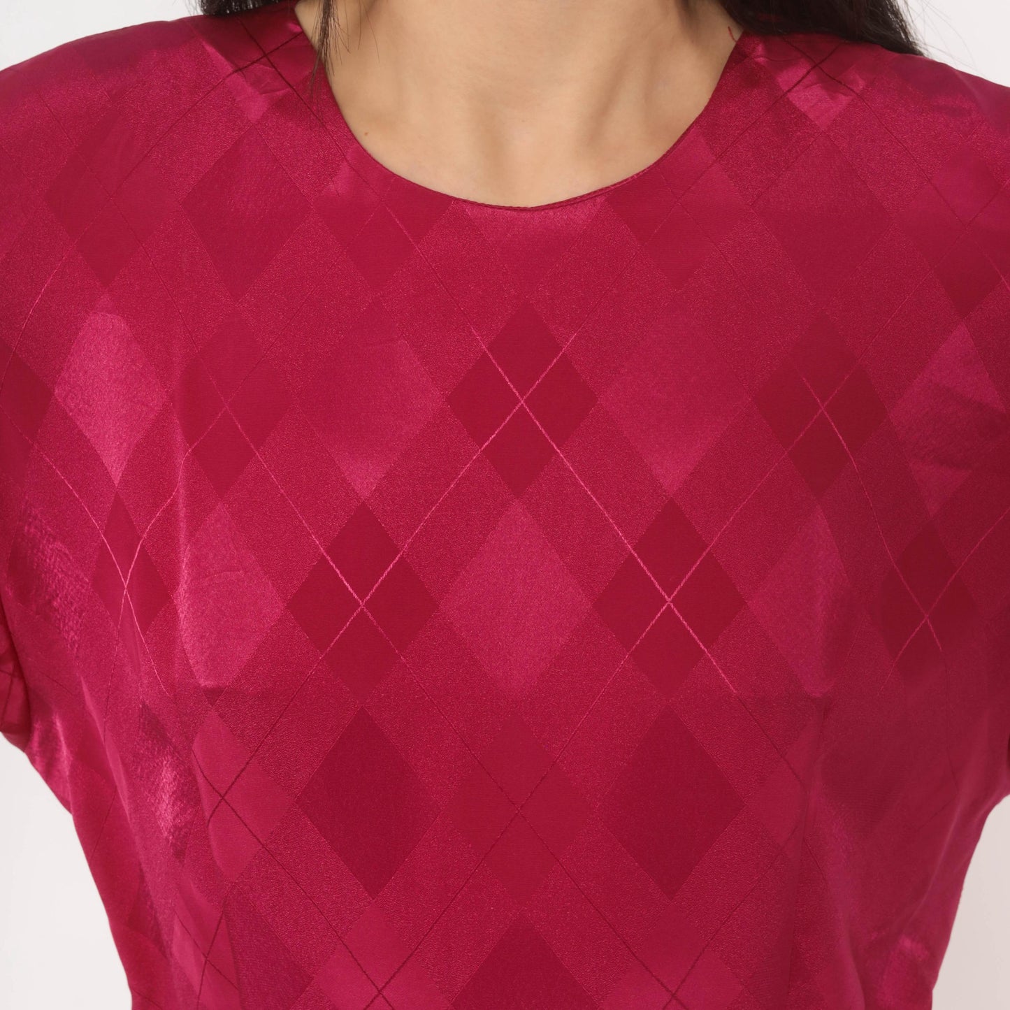 80s Fuchsia Peplum Midi Dress Open Back Jacquard Long Sleeve Large L