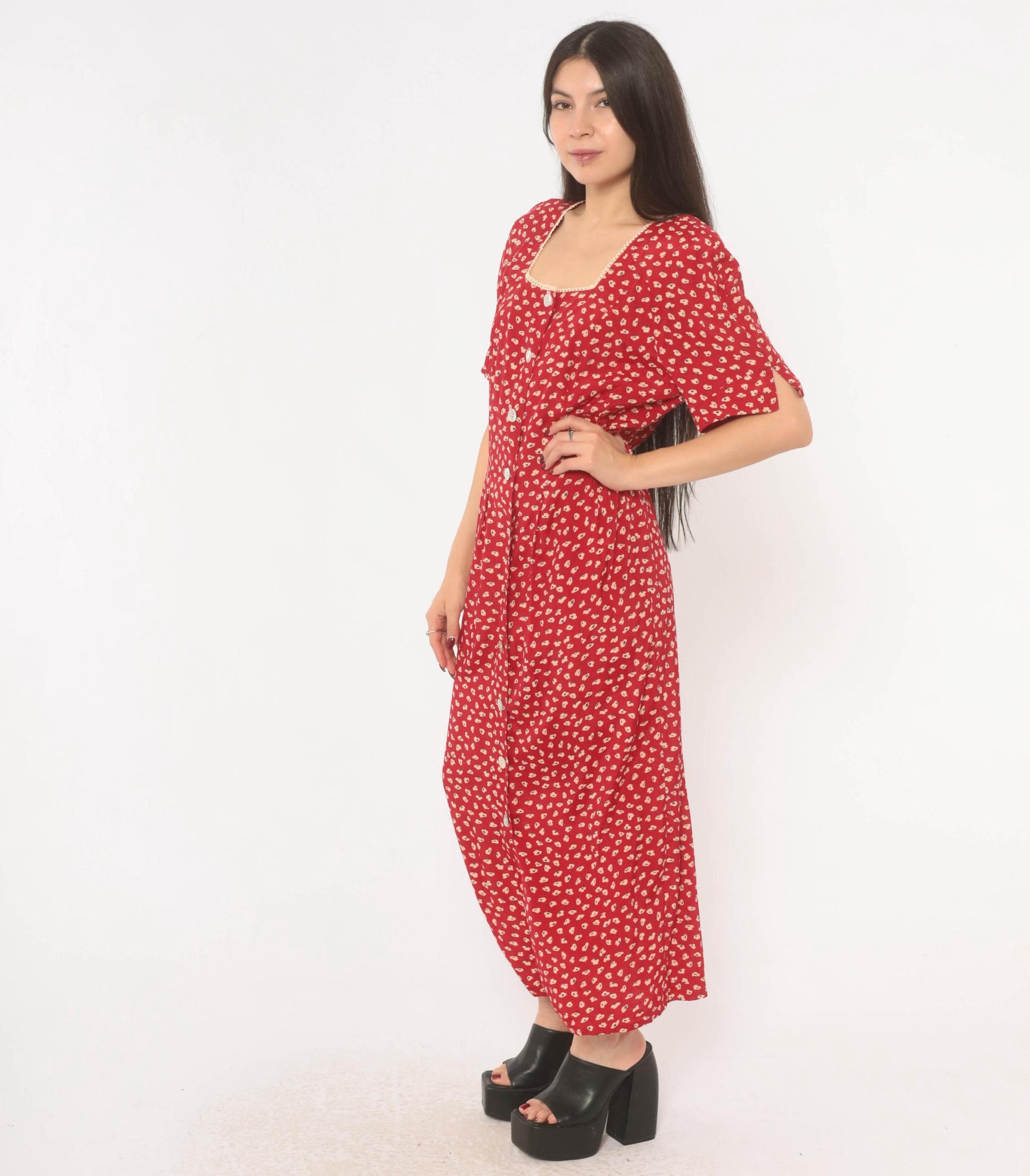 90s Anthony Mark Hankins Red Floral Maxi Dress Square Neck Lace Trim Large L