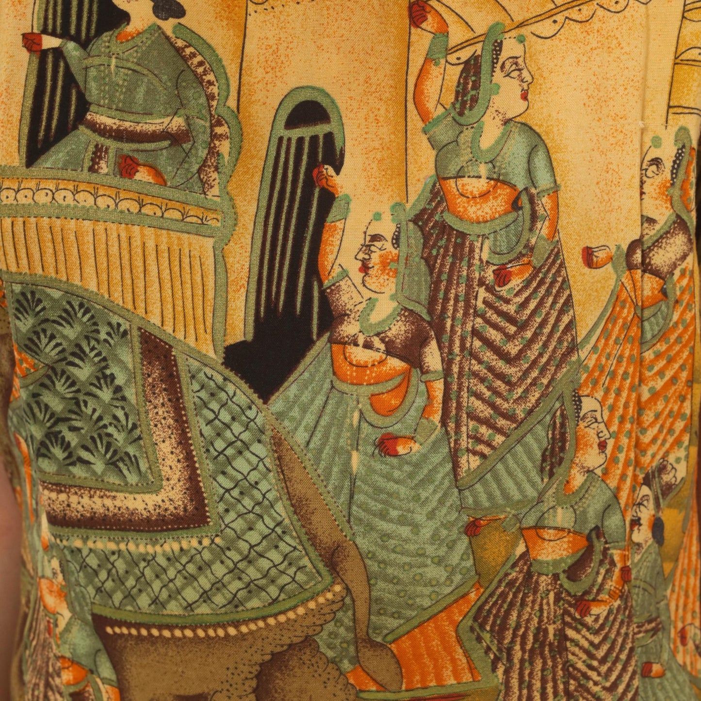 90s Mughal Palace Print Shift Dress Mustard Green Rayon Medium M
