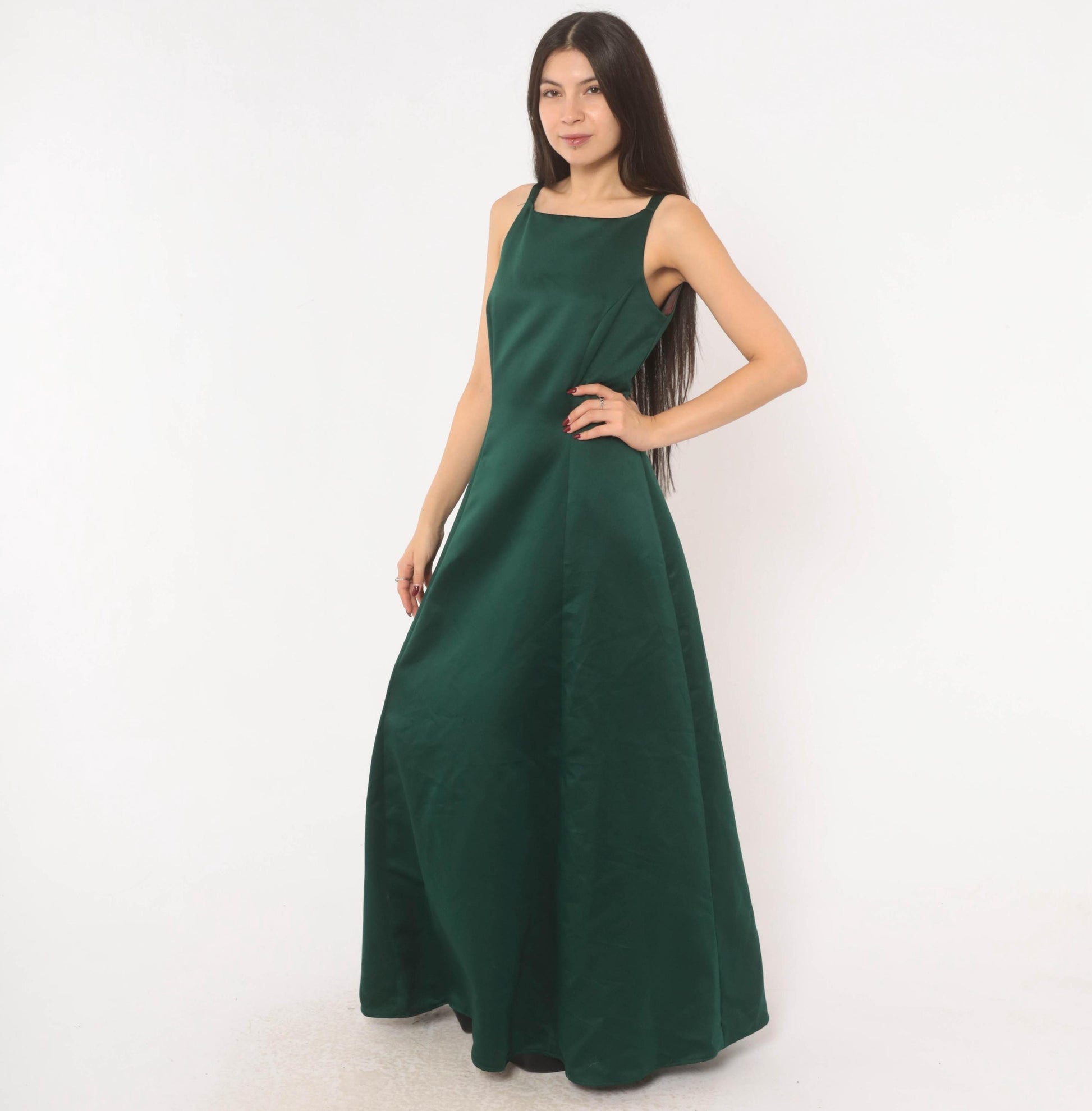 90s Betsy & Adam Emerald Satin Maxi Gown Square Neck A-Line Evening Dress Small