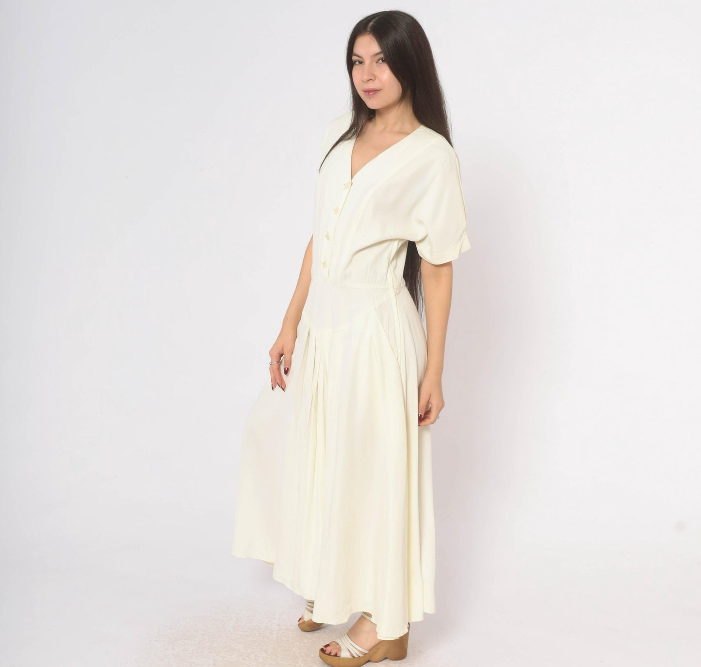 90s E.D. Michaels Cream Button Front Maxi Dress Puff Sleeve Drop Waist Medium M