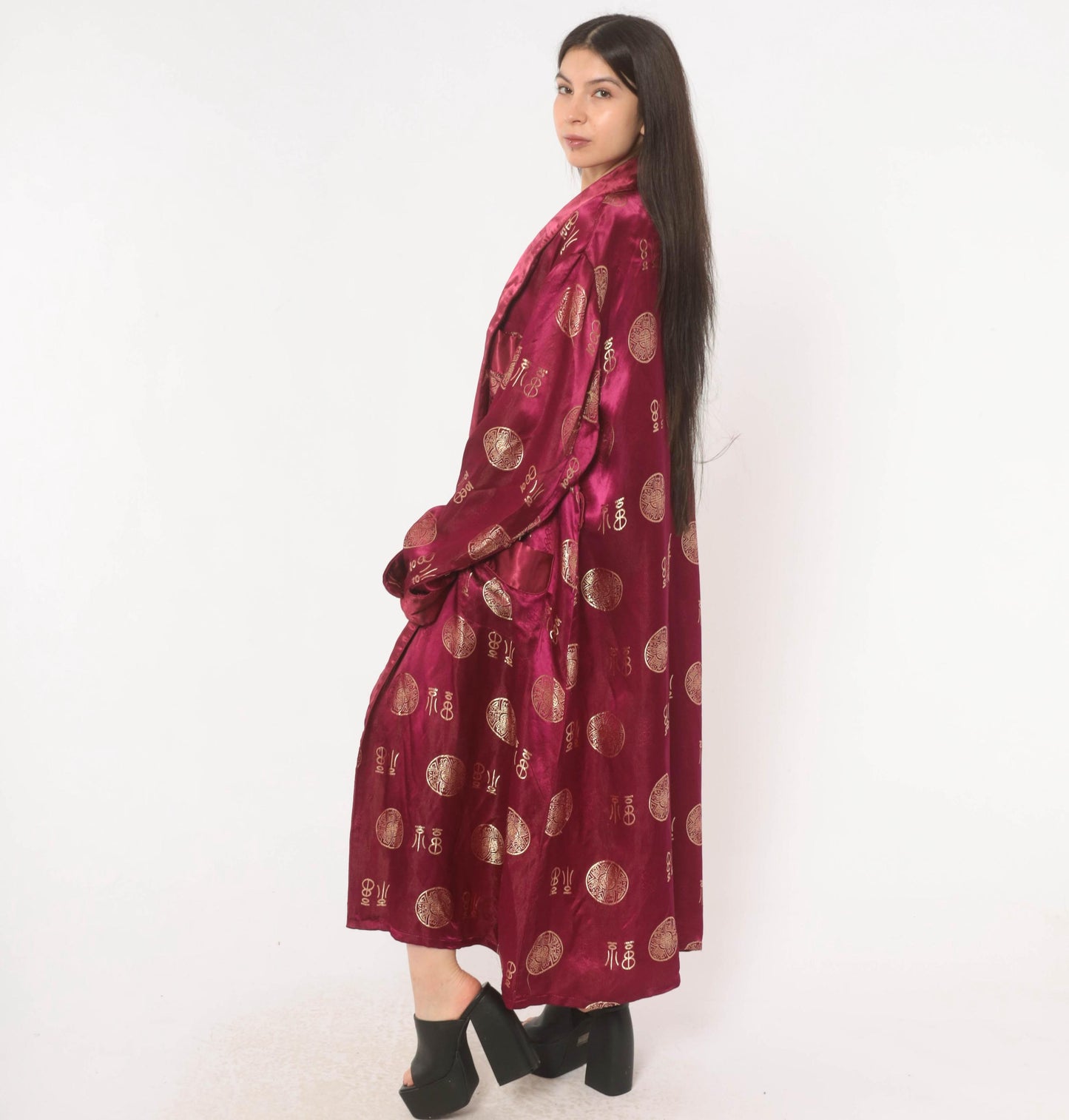 90s Magenta Satin Robe Gold Jacquard Medallion Kimono Maxi Duster Large L