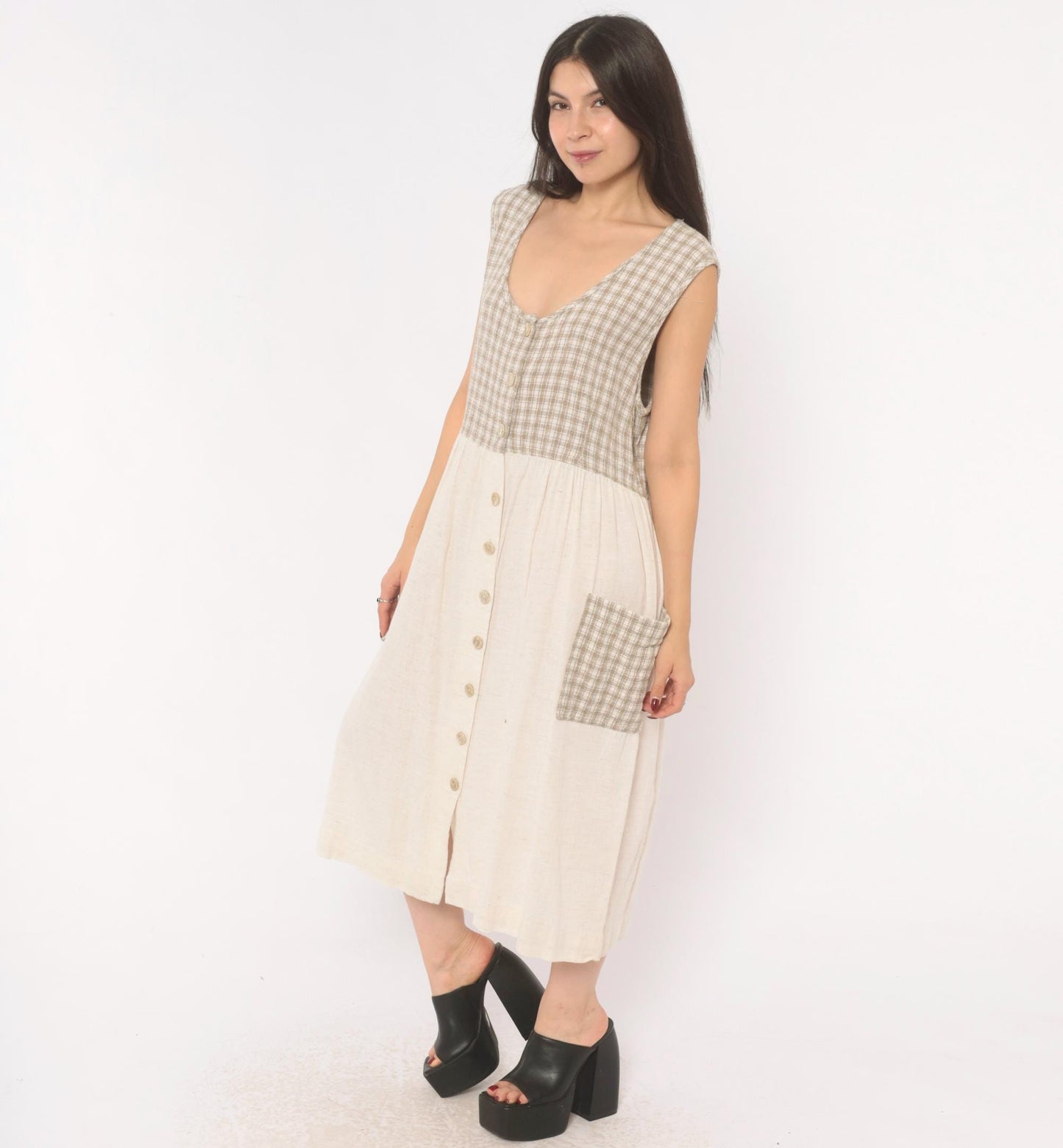 90s Two Twenty Gingham Midi Jumper Dress Tan Cream Cotton Linen Large