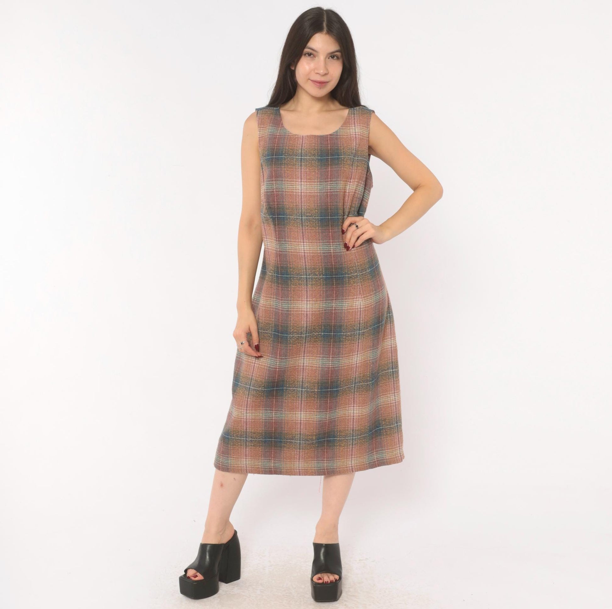 Y2K Chadwicks Plaid Wool Midi Dress Sleeveless A-Line Pink Teal Large L