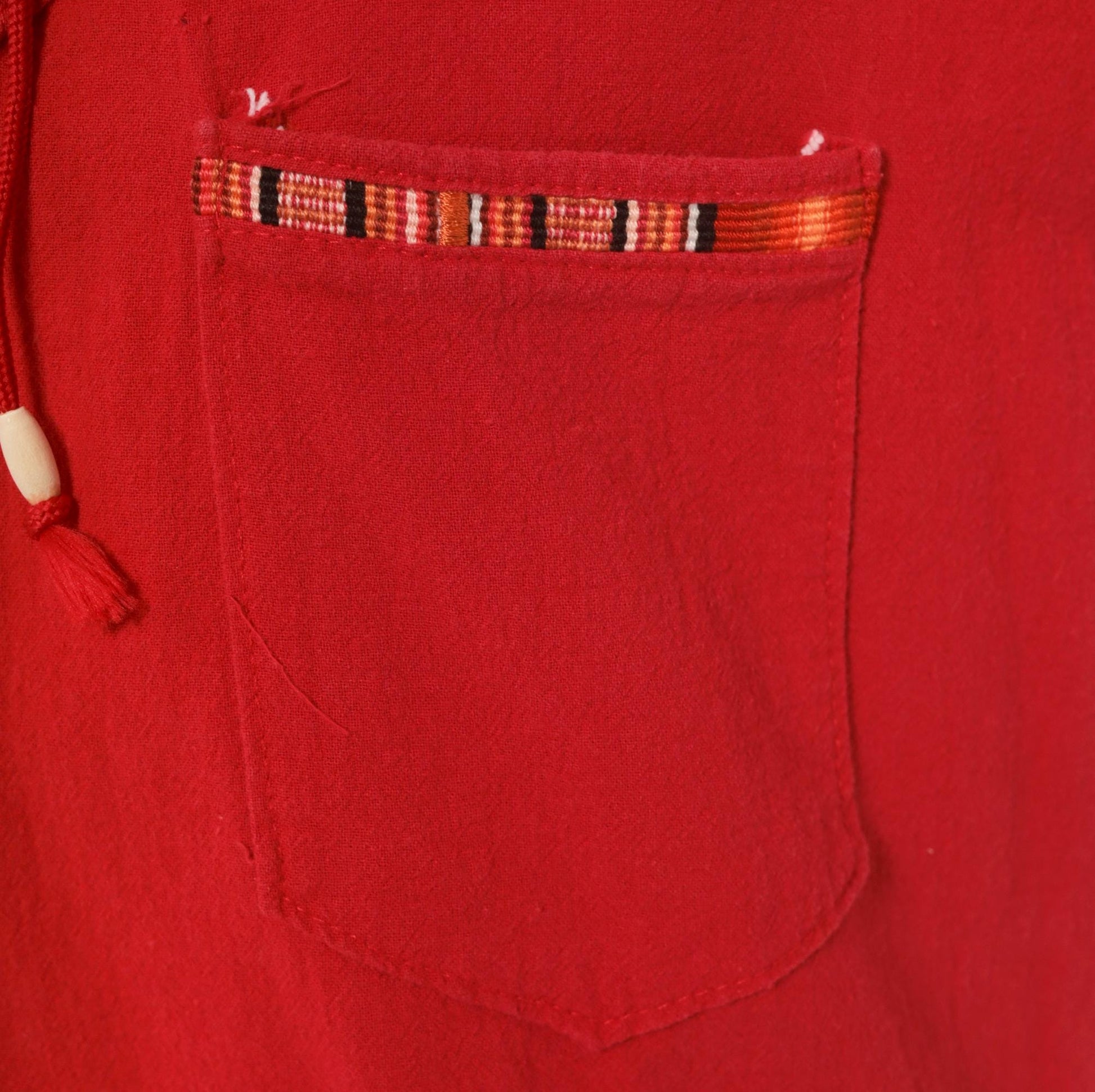 90s Red Cotton Lace-Up Tunic Shirt Southwestern Woven Trim Tassels Medium