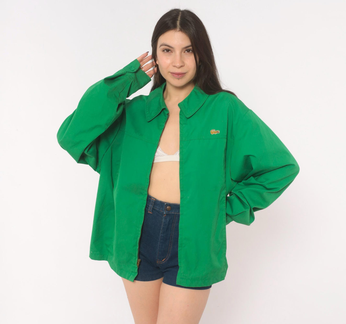 70s Alligator Green Zip Front Windbreaker Cotton Jacket Medium
