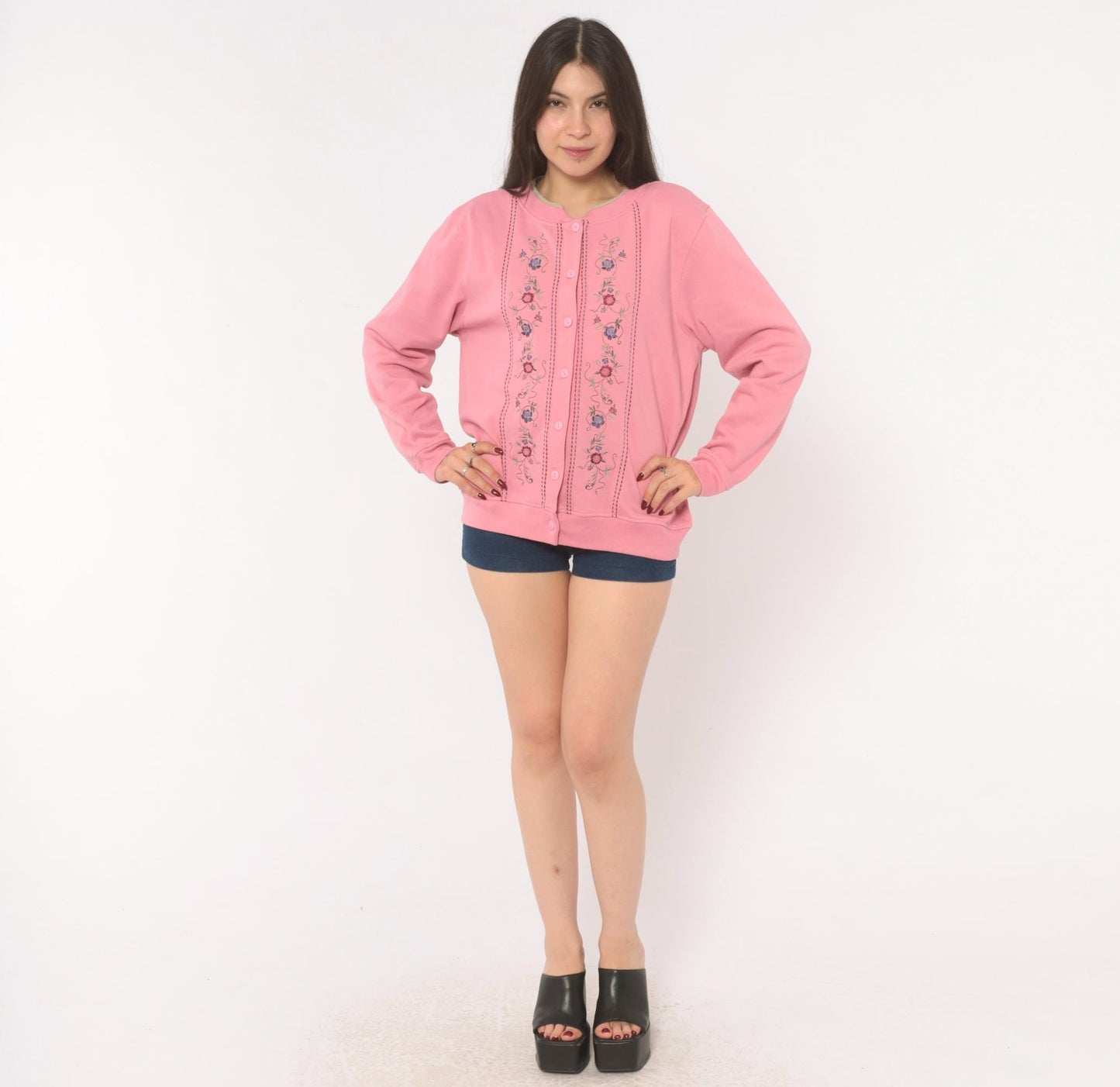 90s Shenanigans Floral Embroidered Cardigan Pink Cotton Button Front Medium