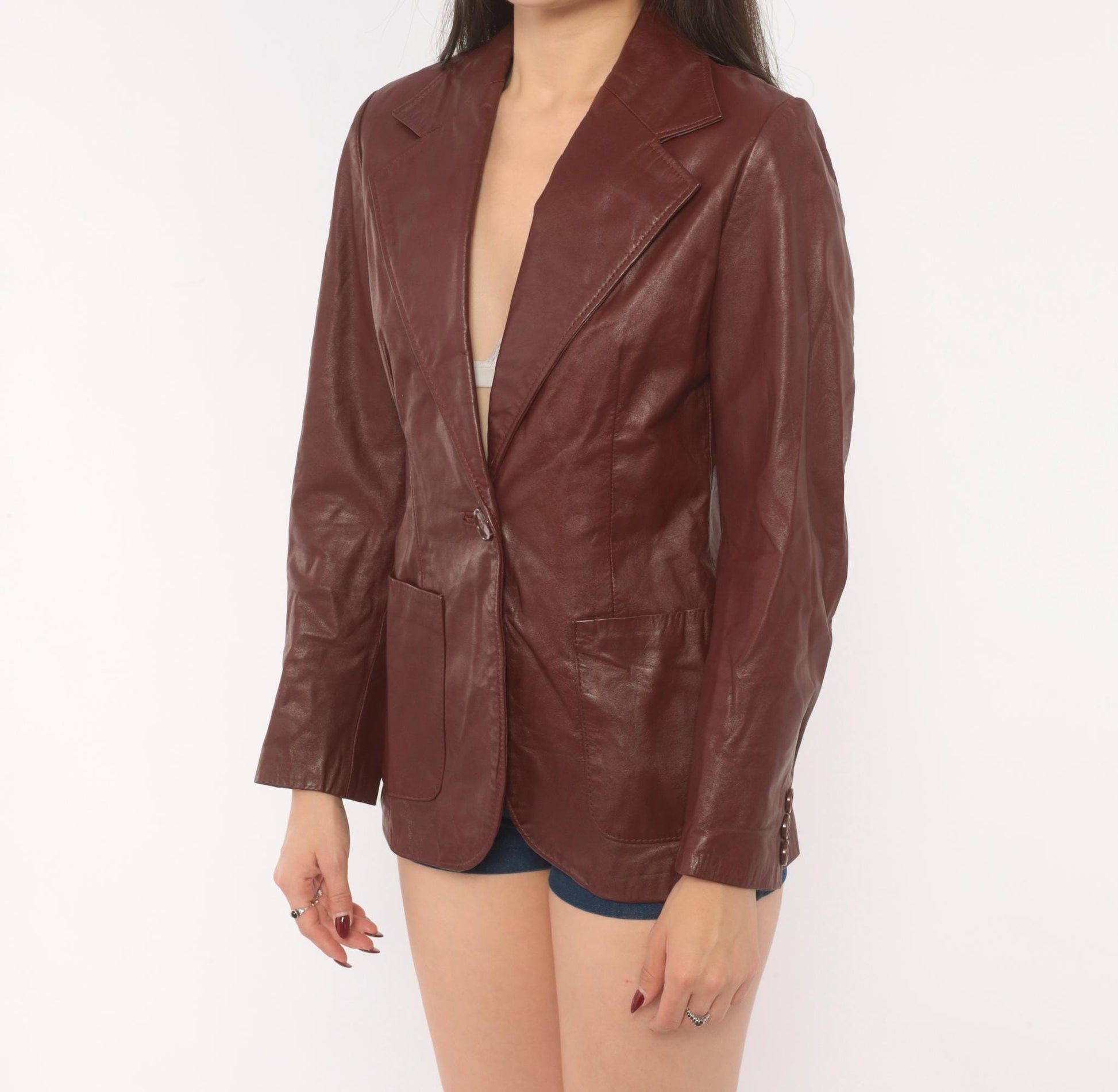 70s Burgundy Leather Blazer Single Button Notched Lapel Fitted Waist XS