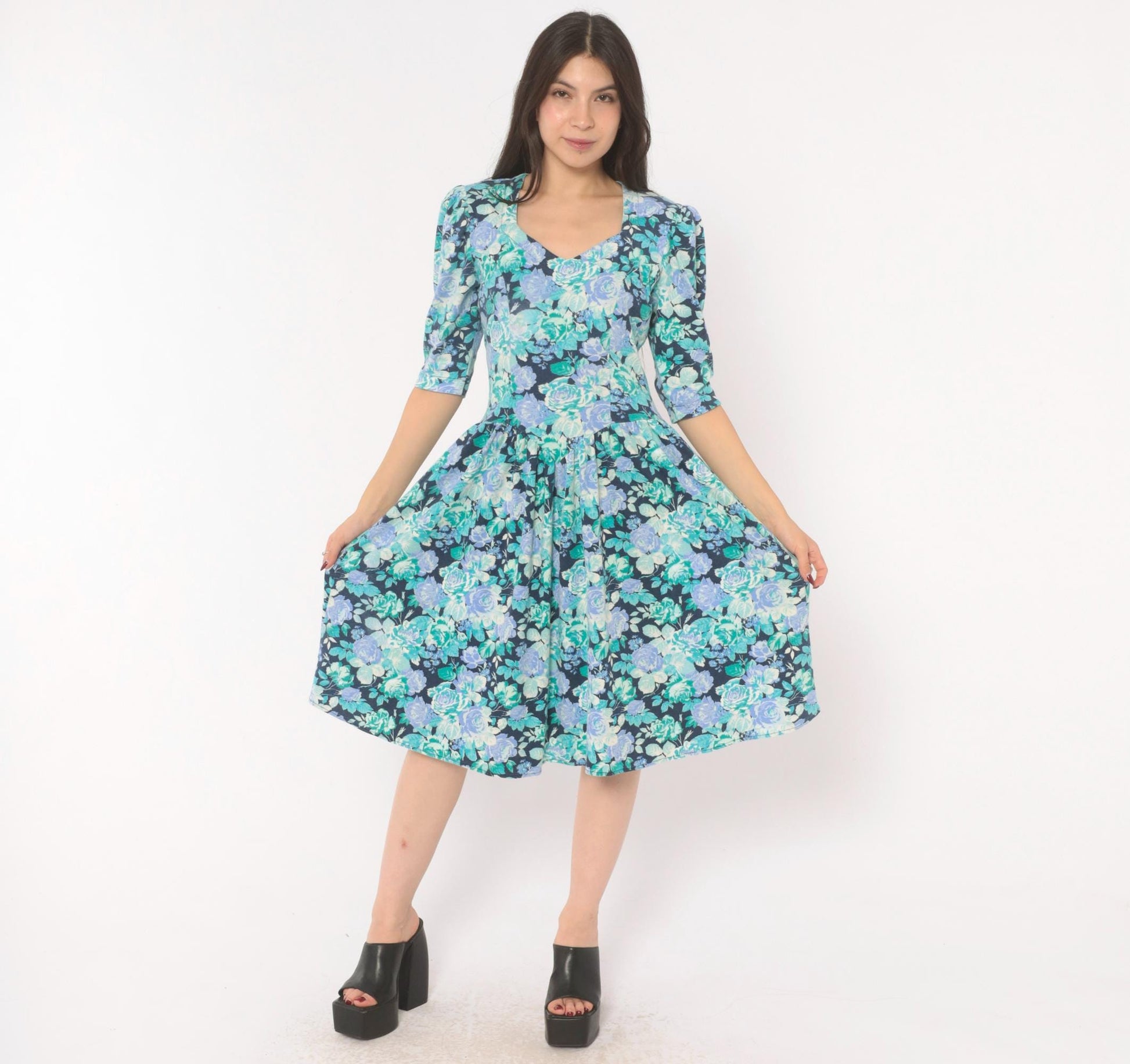 80s Stash Floral Dress Rose Print Sweetheart Neckline Puff Sleeve Navy Extra Small XS