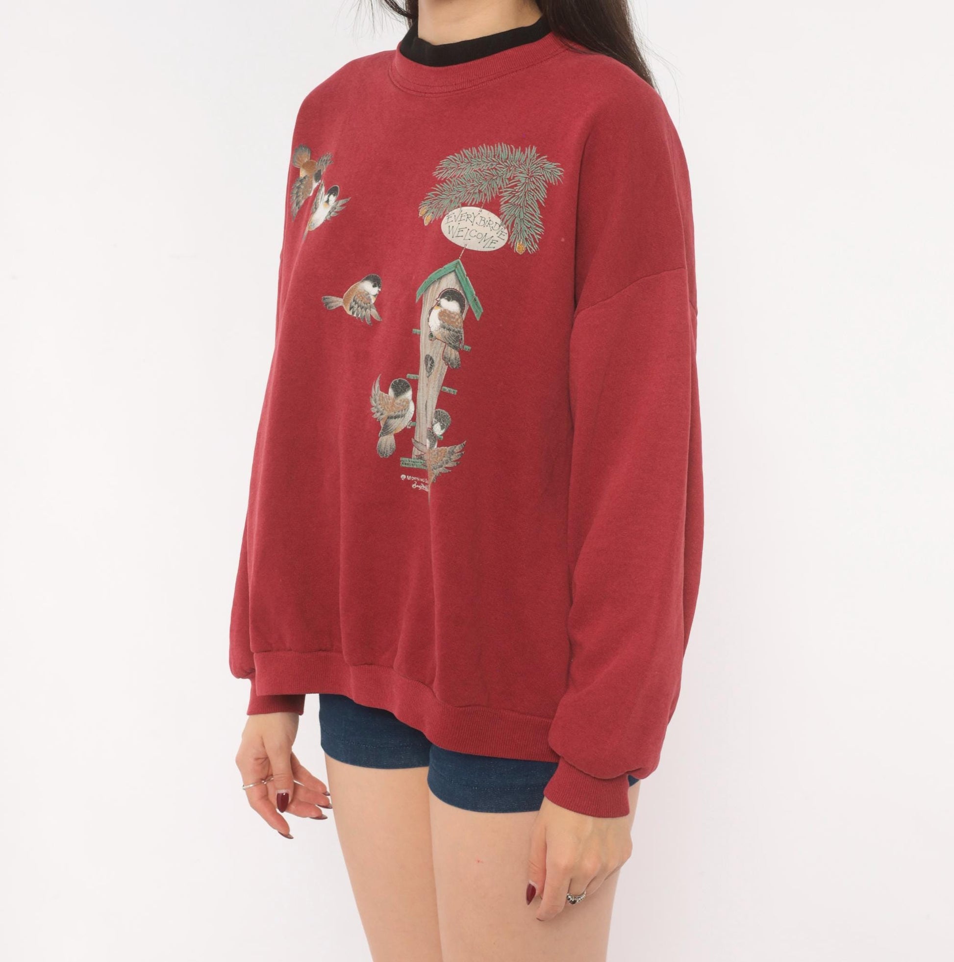 90s Morning Sun Burgundy Bird Birdhouse Crewneck Sweatshirt Cotton Large L