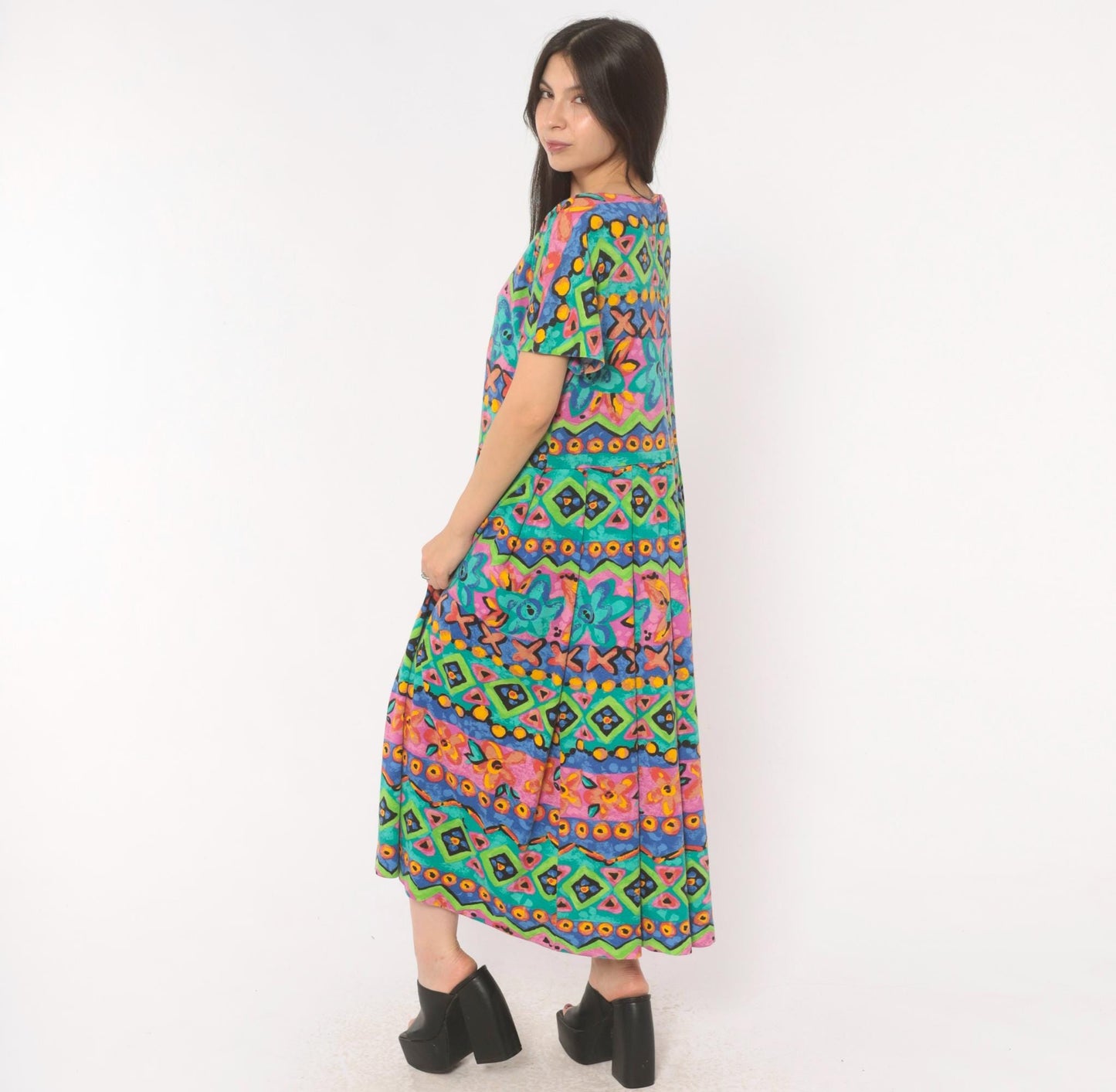90s Sabino Geometric Tribal Print Maxi Dress Teal Pink Yellow Large L
