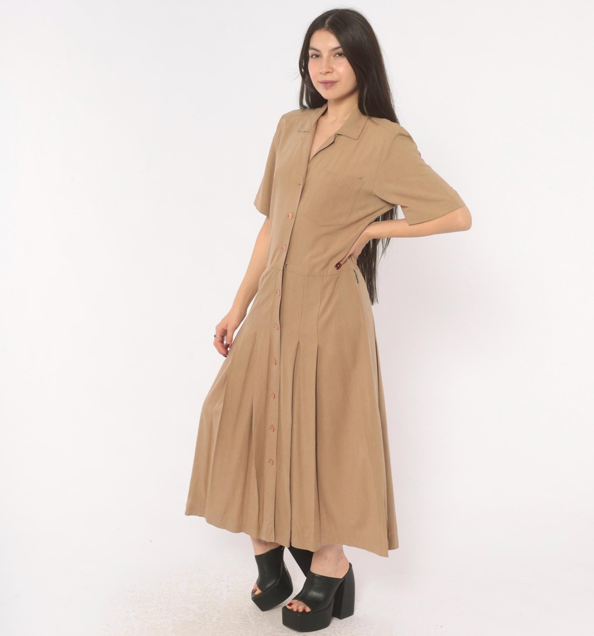 90s Liz Claiborne Silk Maxi Shirt Dress Tan Camp Collar Pleated Medium M