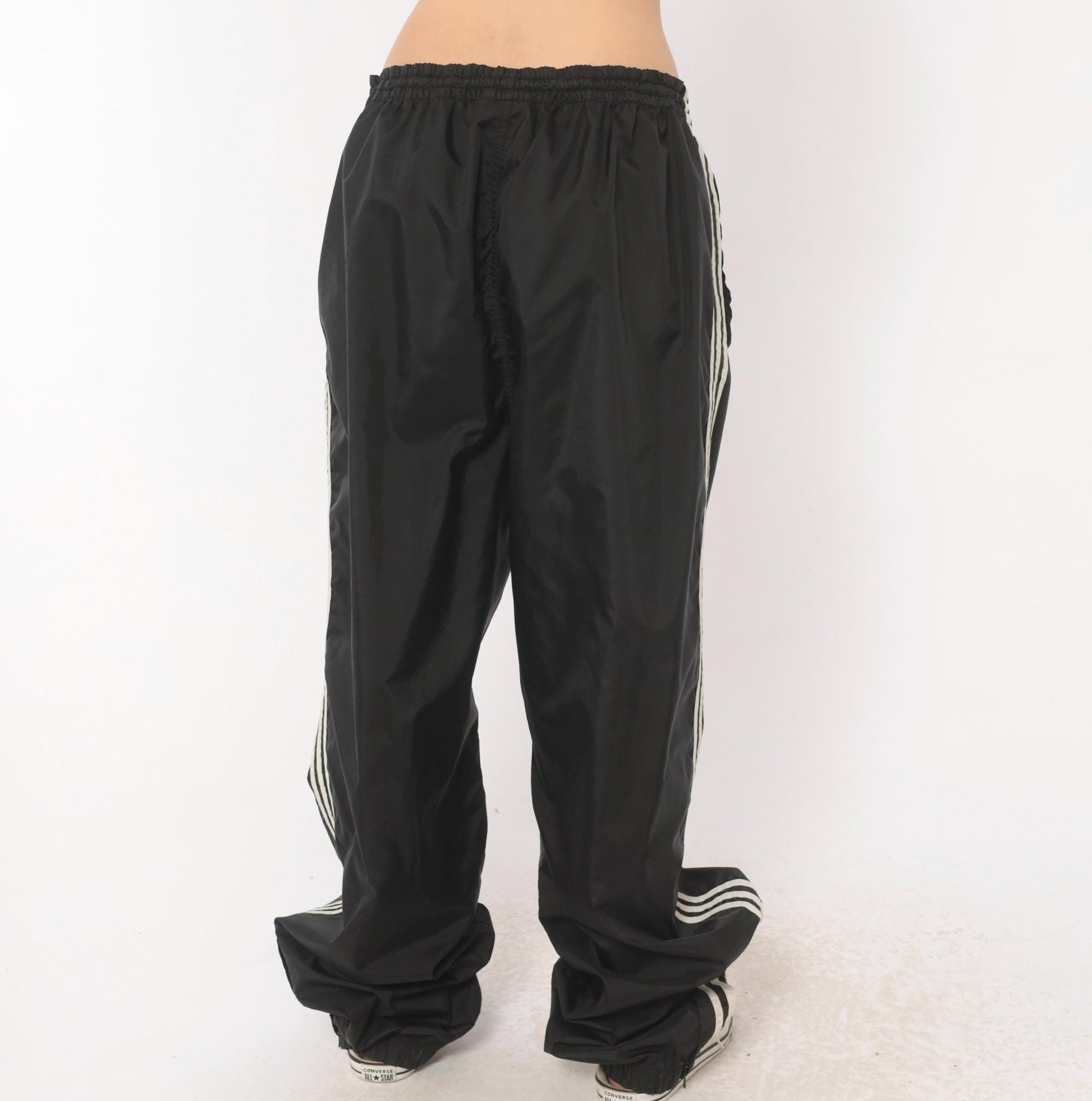 90s Adidas Track Pants Black White Three Stripe Nylon Trefoil Extra Large XL
