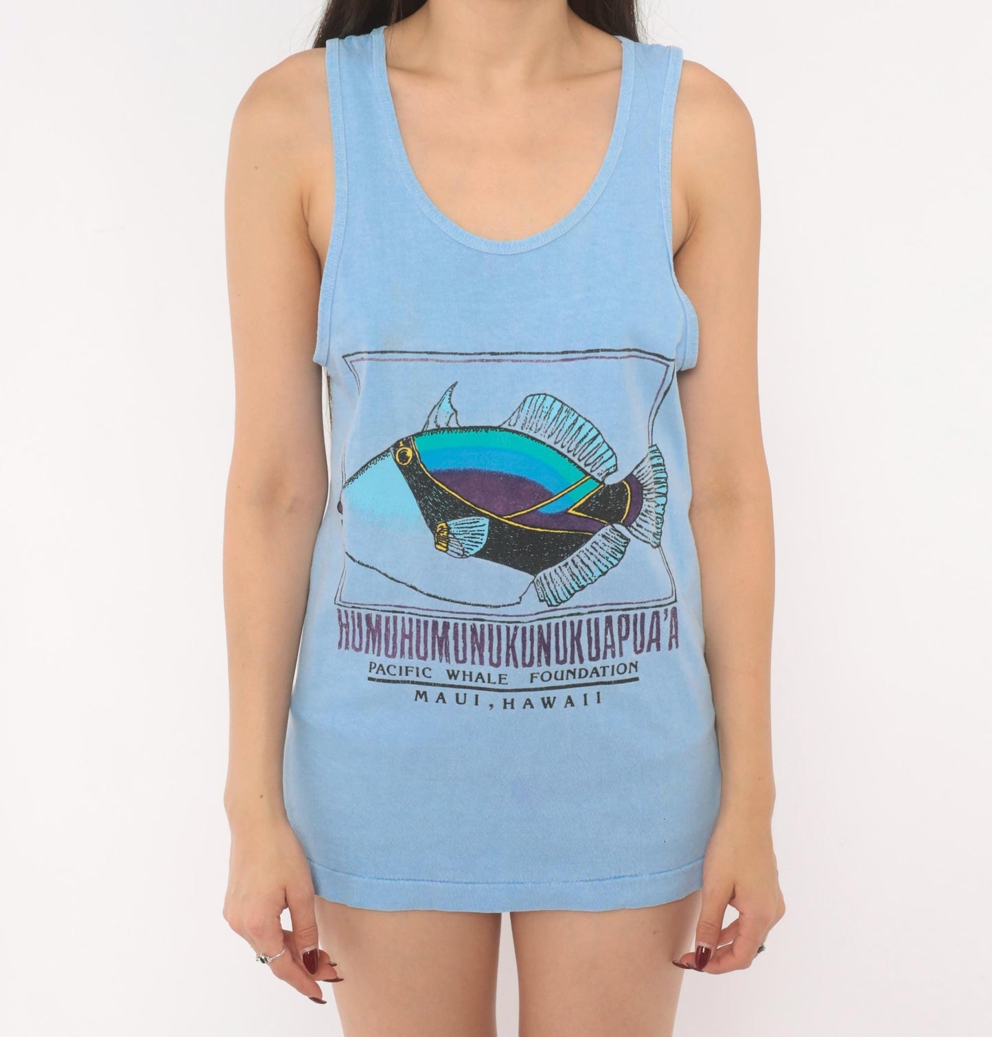 90s Fruit of the Loom Humuhumunukunukuapua'a Tank Top Light Blue Small