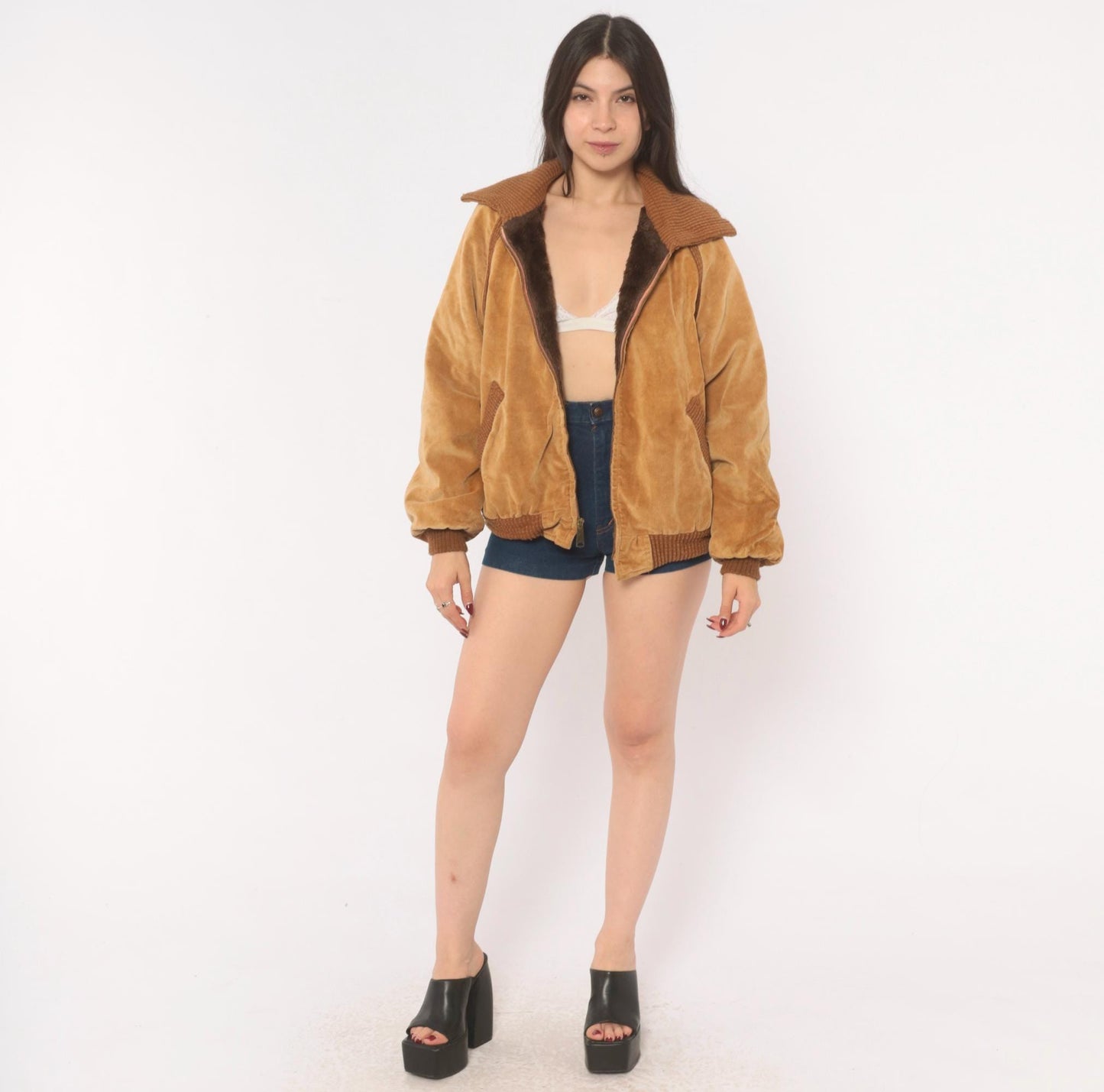 70s Corduroy Bomber Jacket Tan Raglan Knit Collar Zip Front Medium