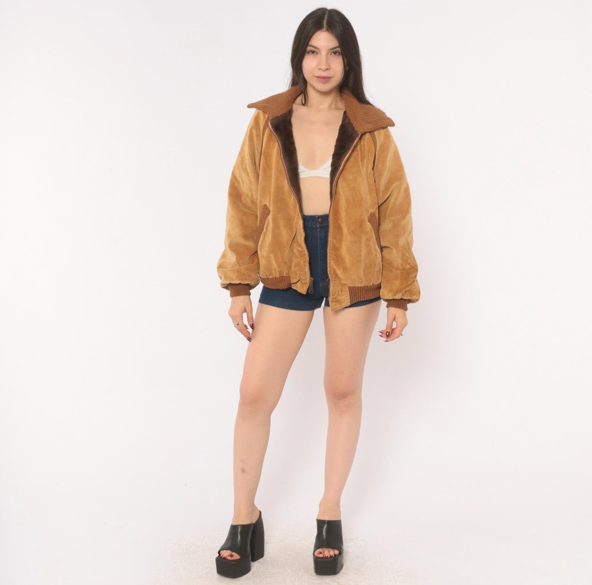 70s Corduroy Bomber Jacket Tan Raglan Knit Collar Zip Front Medium