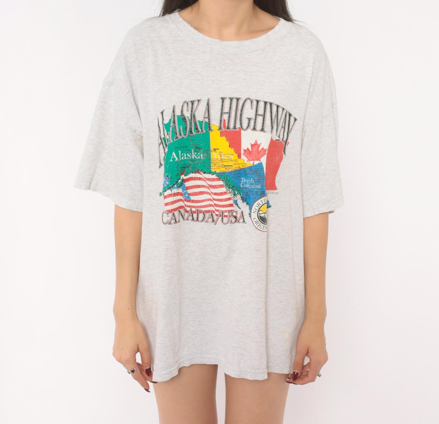 90s Alaska Highway Map Graphic Tee Gildan Heather Grey Extra Large XL