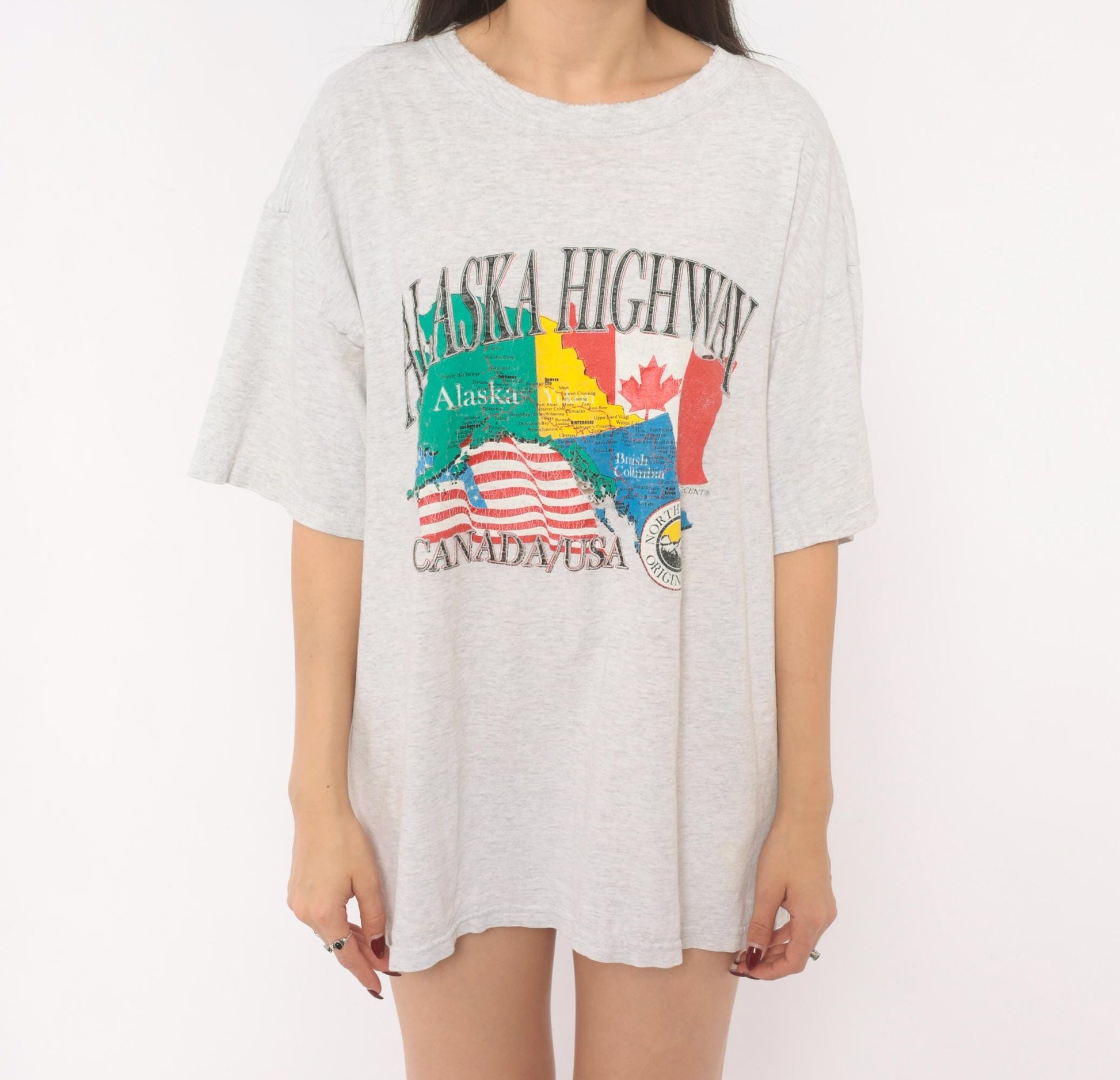 90s Alaska Highway Map Graphic Tee Gildan Heather Grey Extra Large XL