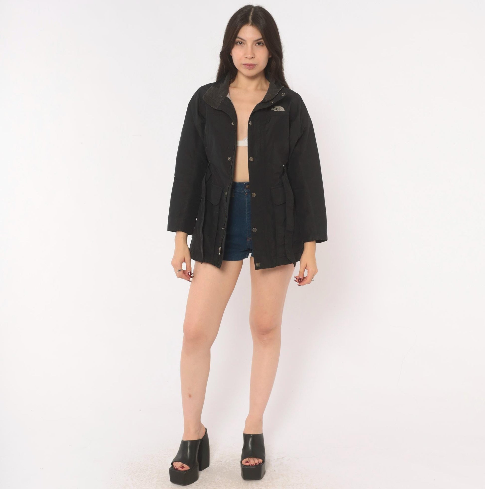90s The North Face Black Down Jacket Snap Waist Puffer XS