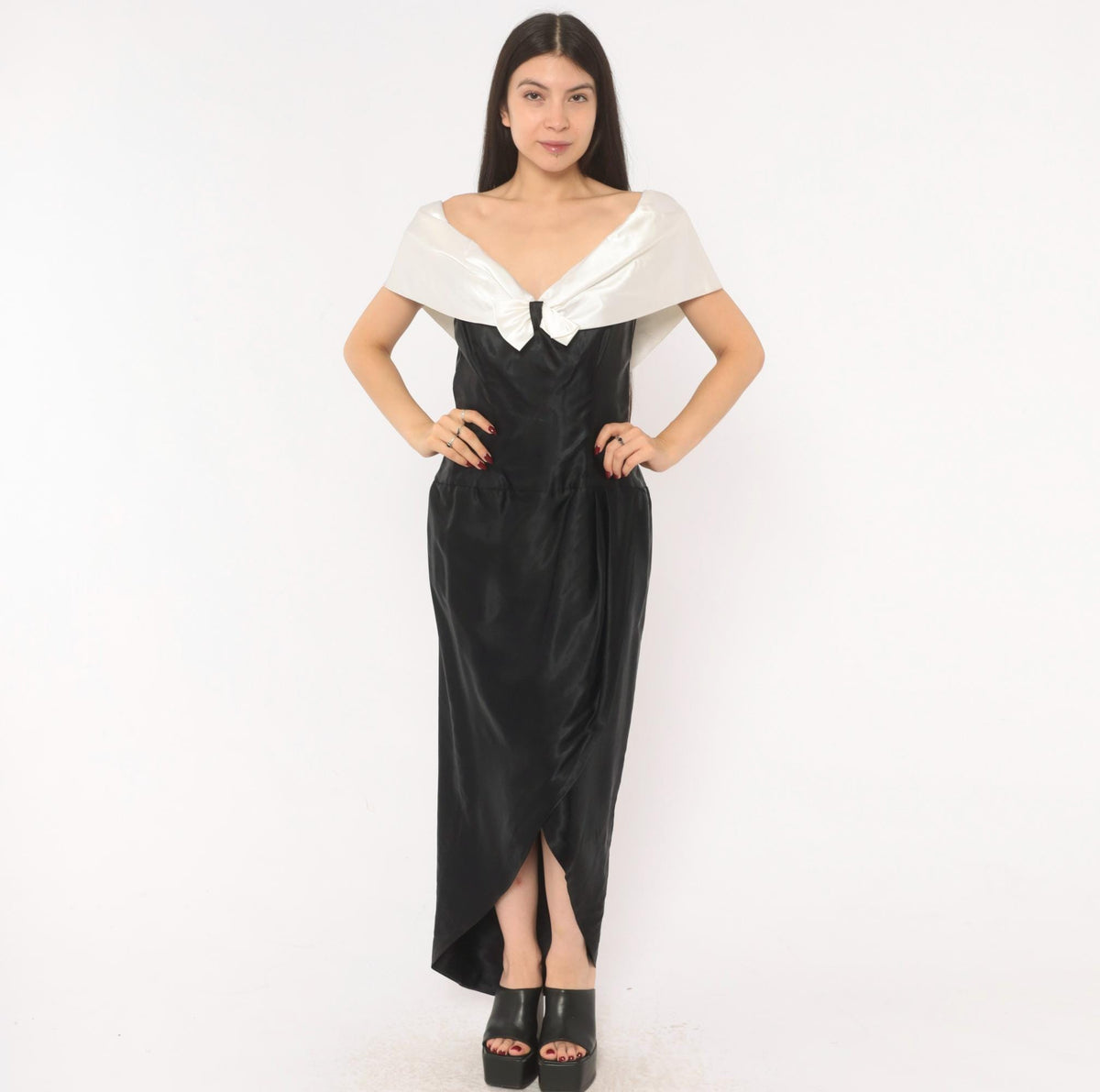 90s Black Satin Maxi Gown White Bow Off-Shoulder V-Neck Cap Sleeve Medium