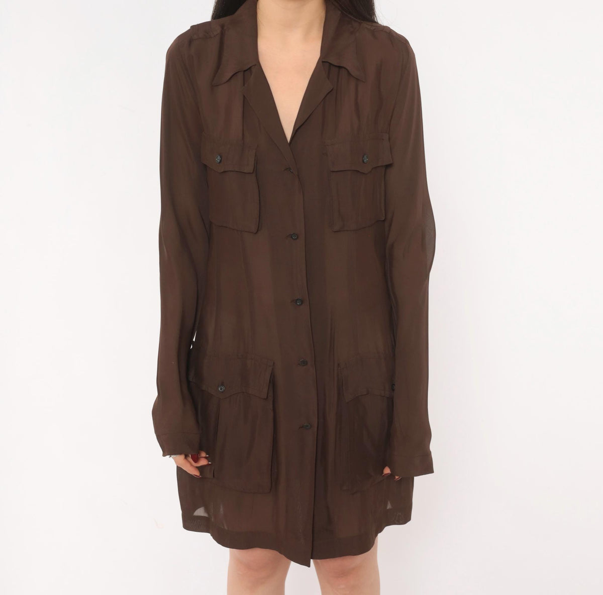 90s Dries Van Noten Silk Shirt Dress Brown Sheer Safari Utility Pocket Small