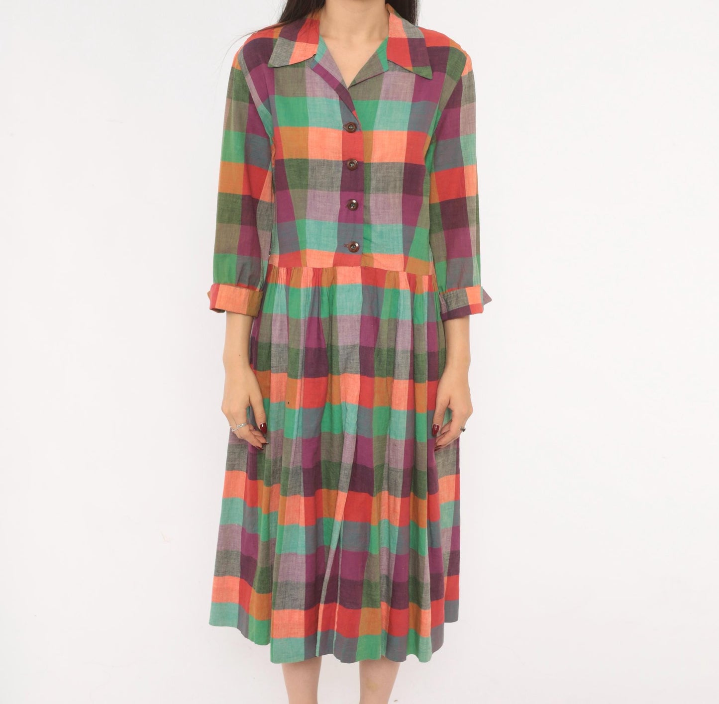 60s Multicolor Plaid Shirtdress Cotton Button Front Midi Purple Green Coral Large