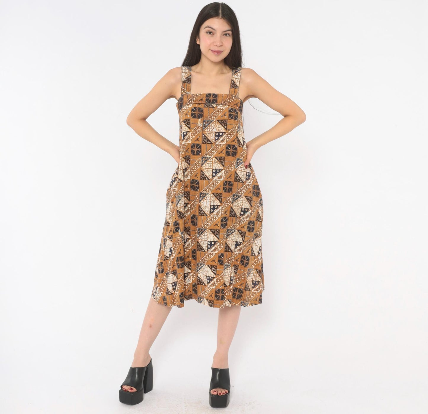 80s Batik Sundress Tan Navy Cotton Square Neck A-Line Knee Length Extra Small