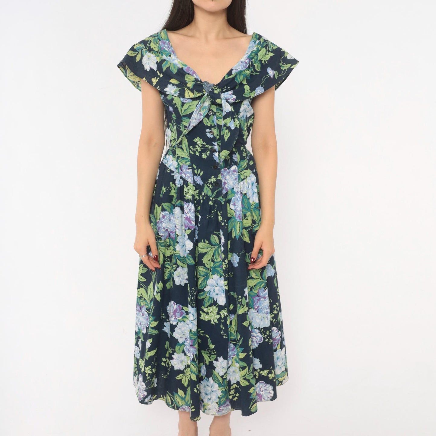 80s Jessica Howard Navy Floral Cotton Dress Sailor Collar Button Front Medium