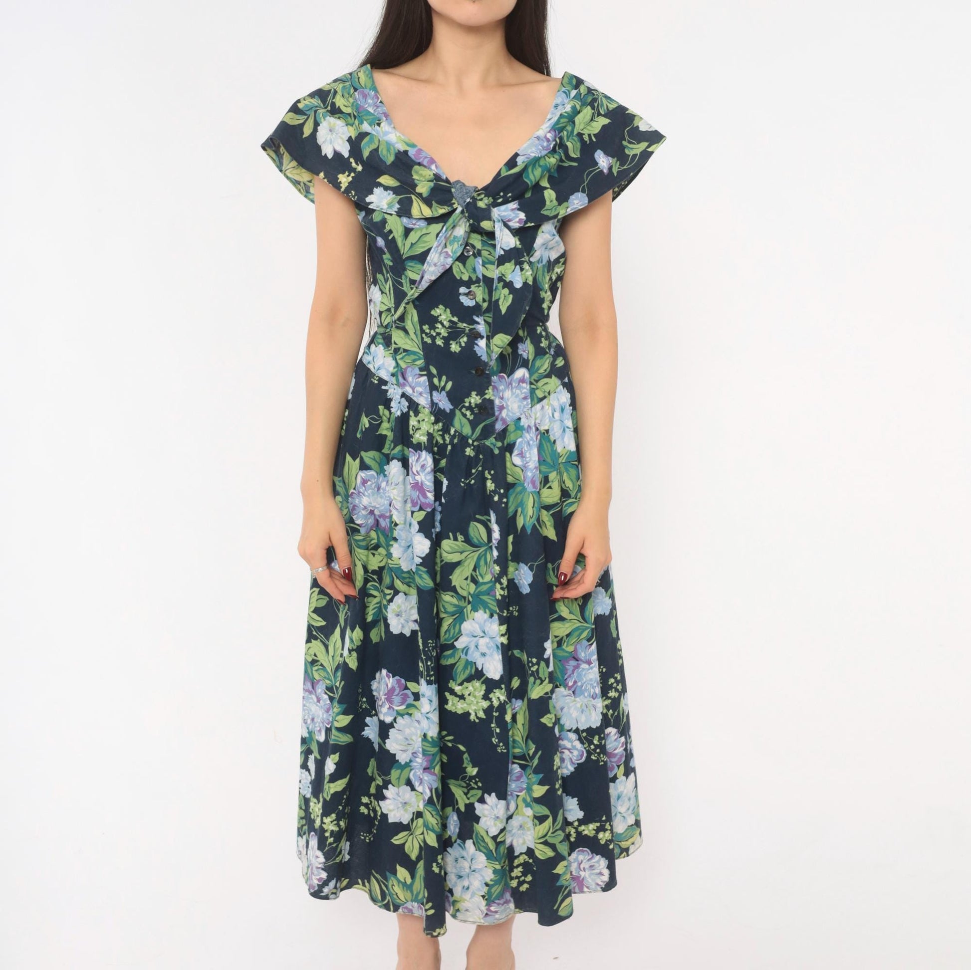 80s Jessica Howard Navy Floral Cotton Dress Sailor Collar Button Front Medium