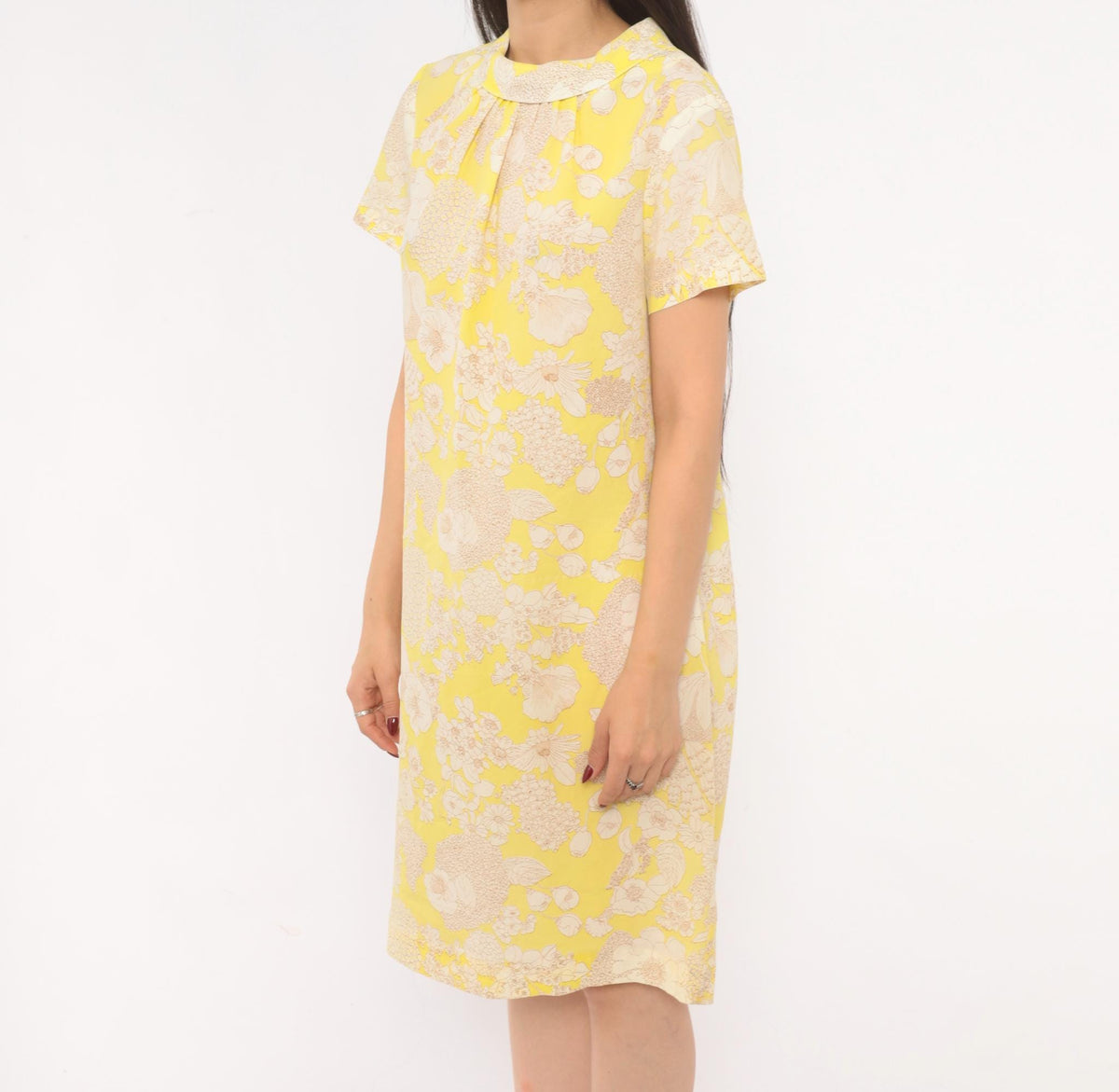 60s Yellow Floral Shift Dress Peter Pan Collar A-Line Knee Length Large L