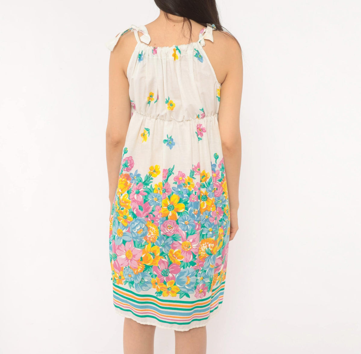 80s White Floral Cotton Sundress Tie Shoulder Knee Length Extra Small XS