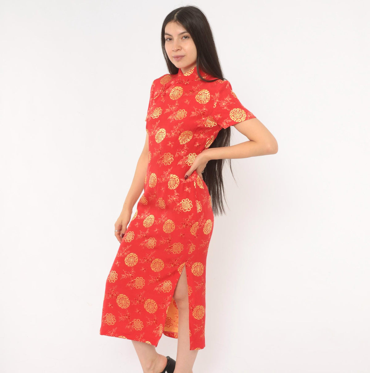 80s Red Gold Cheongsam Midi Dress Mandarin Collar Frog Button Small
