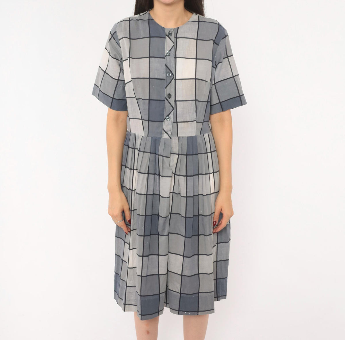 80s Windowpane Plaid Cotton Midi Dress Grey Blue Button Front Medium