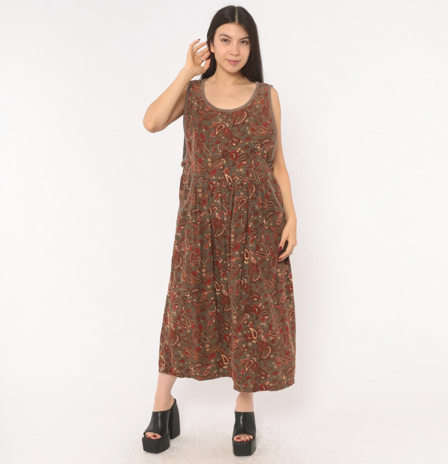 90s Erika Paisley Corduroy Jumper Dress Olive Maxi Pleated Skirt Extra Large XXL