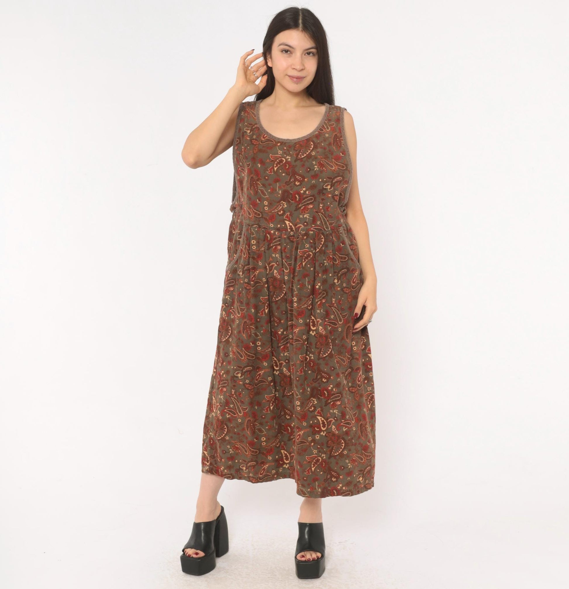 90s Erika Paisley Corduroy Jumper Dress Olive Maxi Pleated Skirt Extra Large XXL