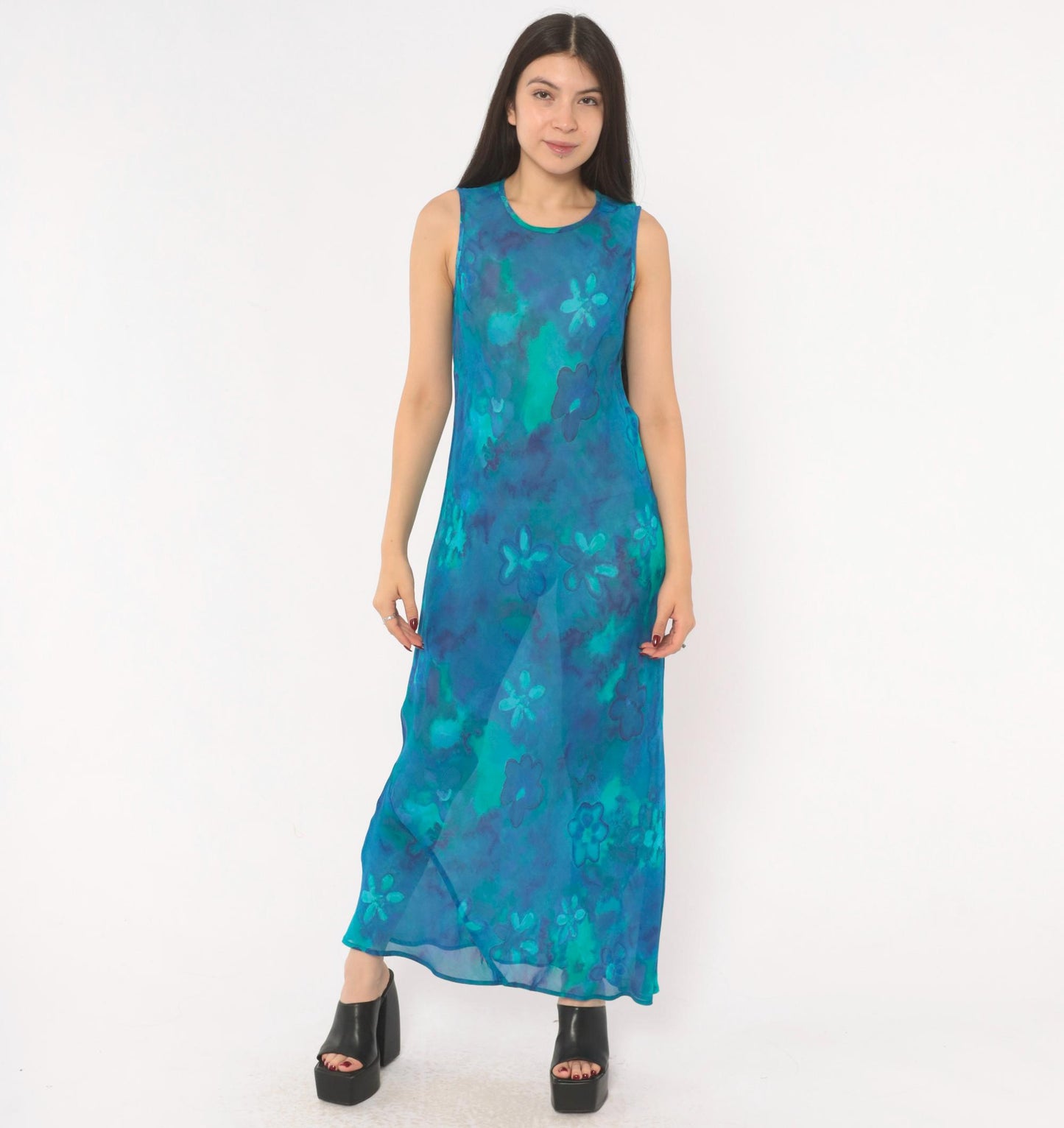 90s Mica Floral Maxi Dress Blue Teal Watercolor Chiffon Sleeveless Small S
