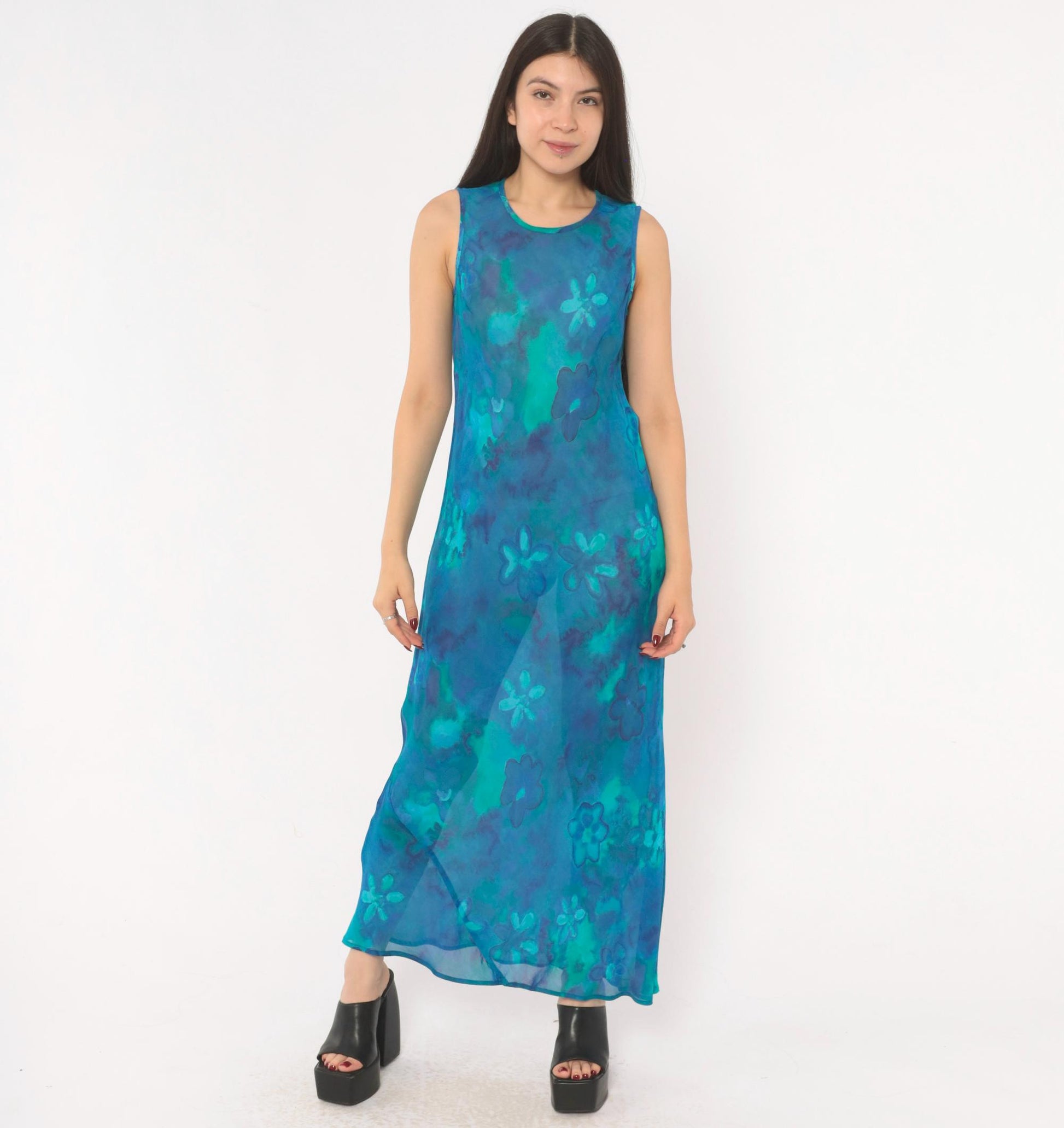 90s Mica Floral Maxi Dress Blue Teal Watercolor Chiffon Sleeveless Small S