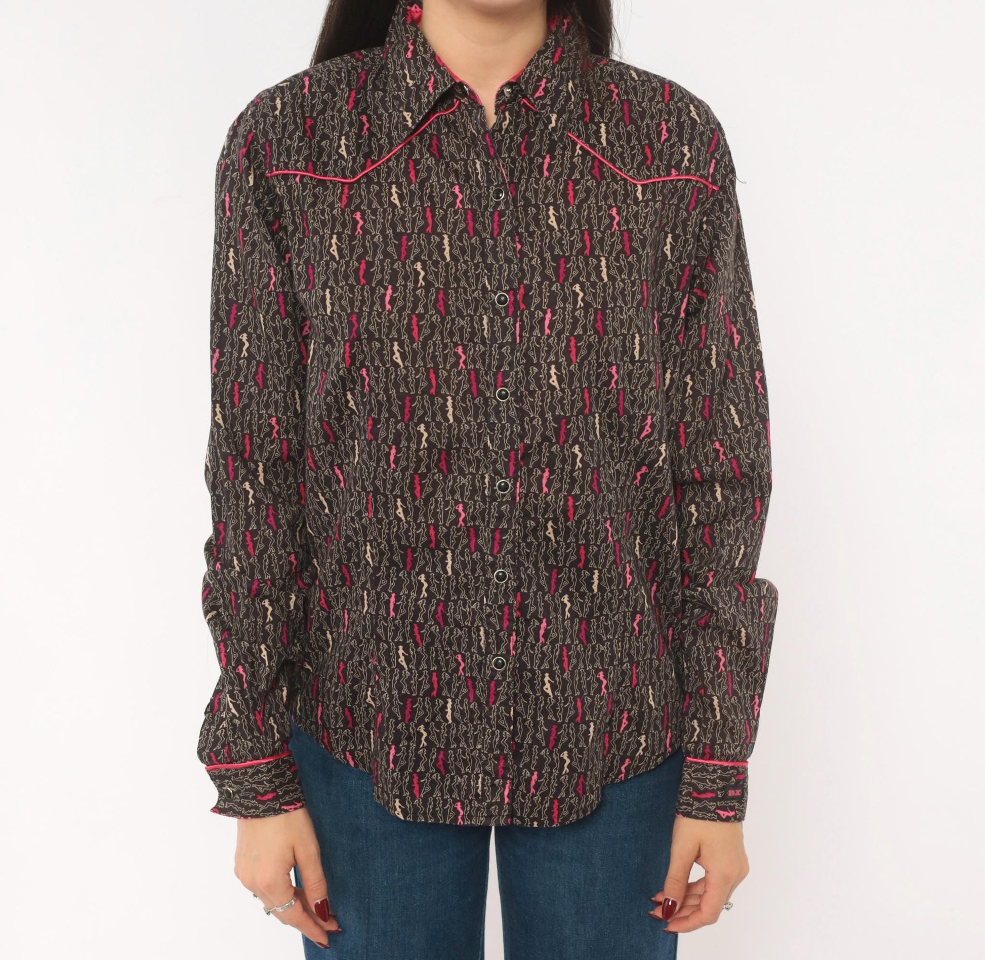 Y2K Ultra Twenty X Western Snap Shirt Cowgirl Print Grey Pink Cotton Medium M