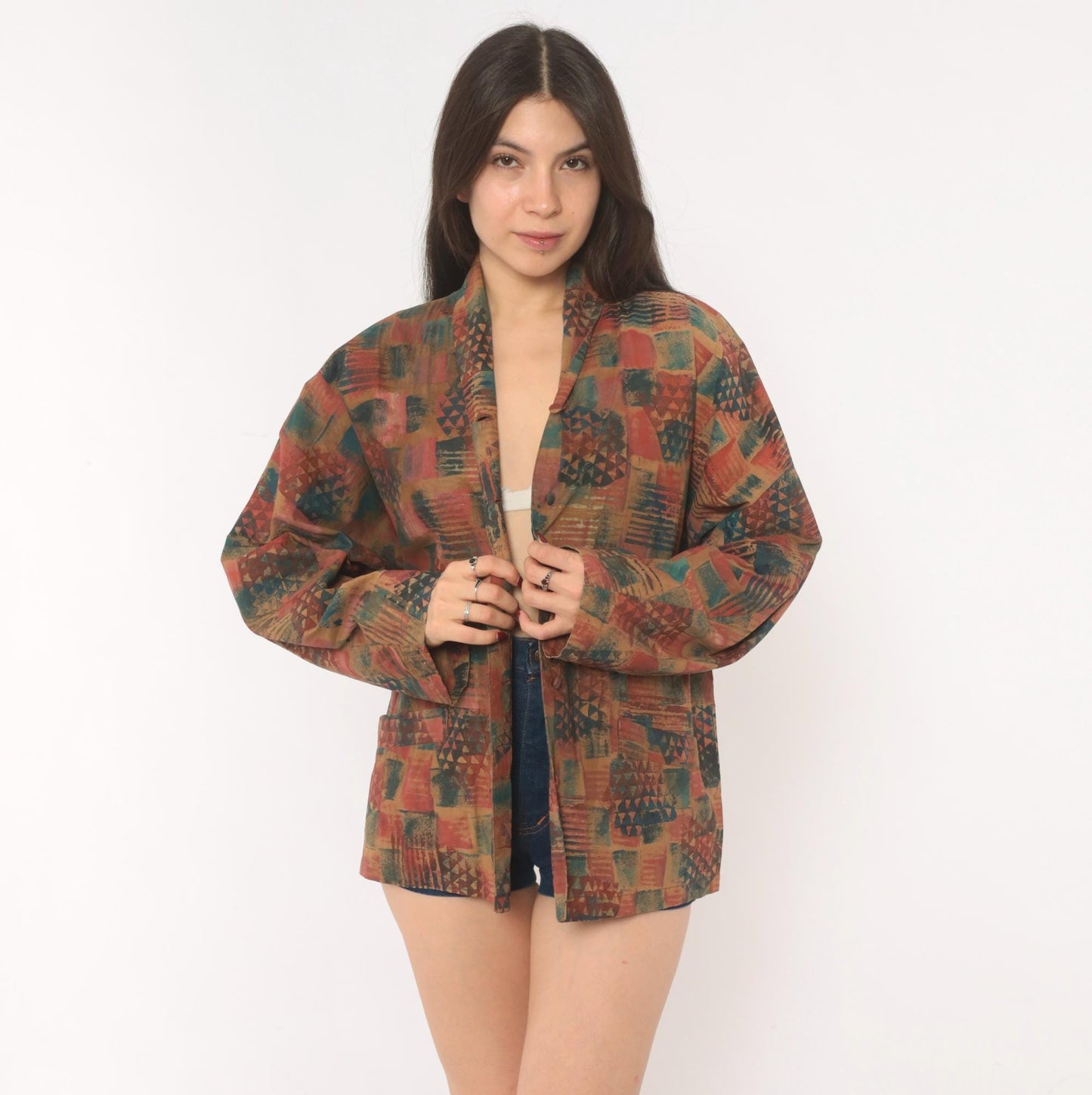 Y2K Abstract Geometric Blazer Shawl Collar Patchwork Rust Teal Medium M