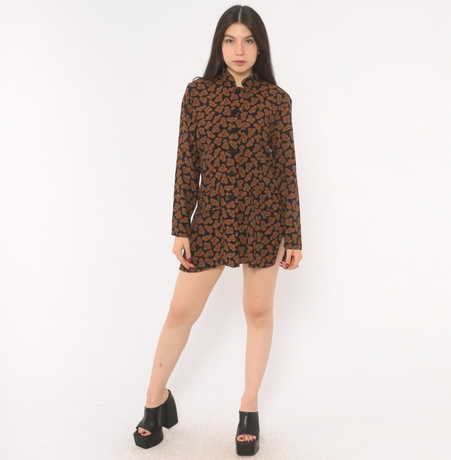 90s Christine David Paisley Mandarin Collar Tunic Black Copper Small S