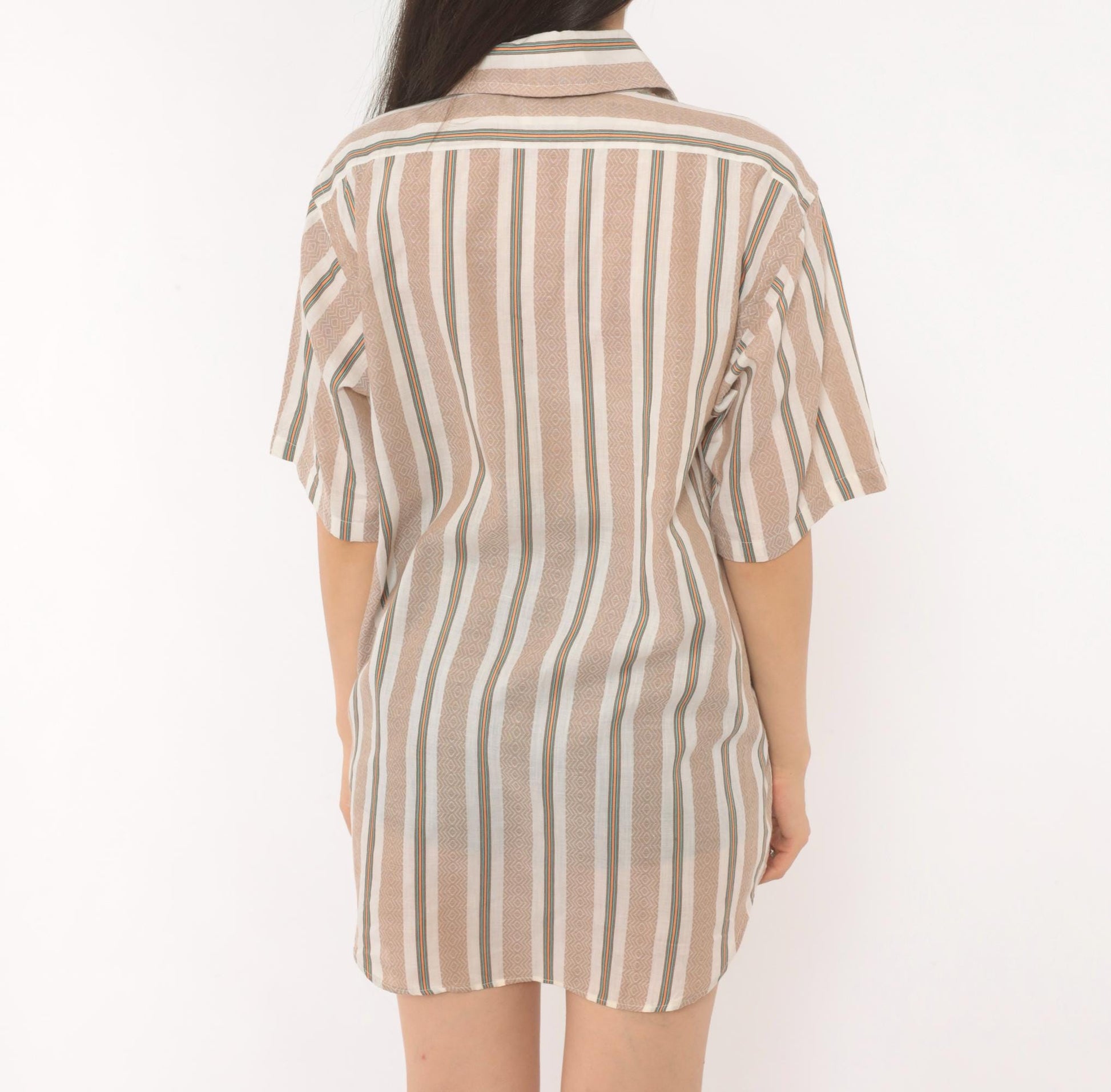 70s Donross Striped Button Up Shirt Cream Tan Teal Orange Camp Collar Medium